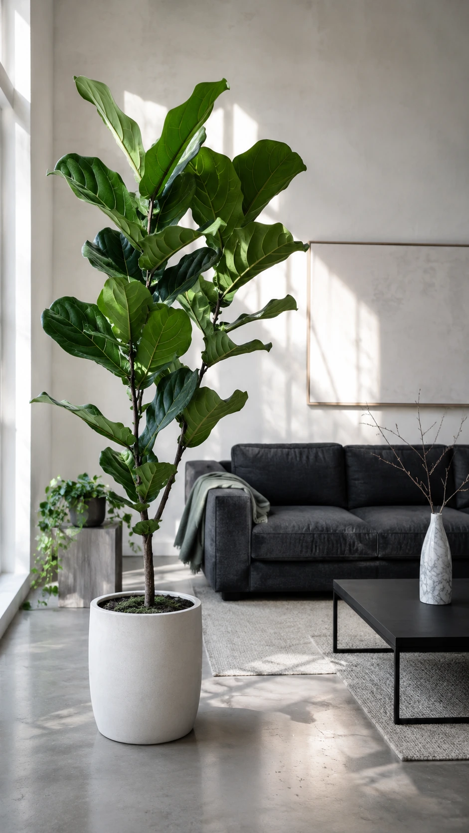 Charcoal gray sofa with sage green throw beside a tall leafy plant in a bright modern living room with plaster walls and concrete floors