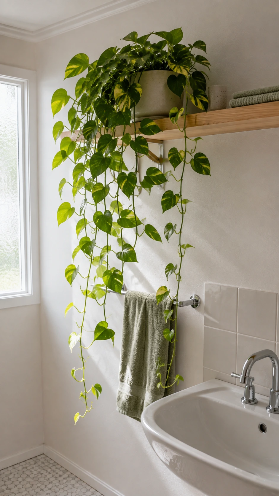 Golden pothos trailing long vines from a high floating wooden shelf in a bright white bathroom, showing how bathroom plant ideas work with natural light