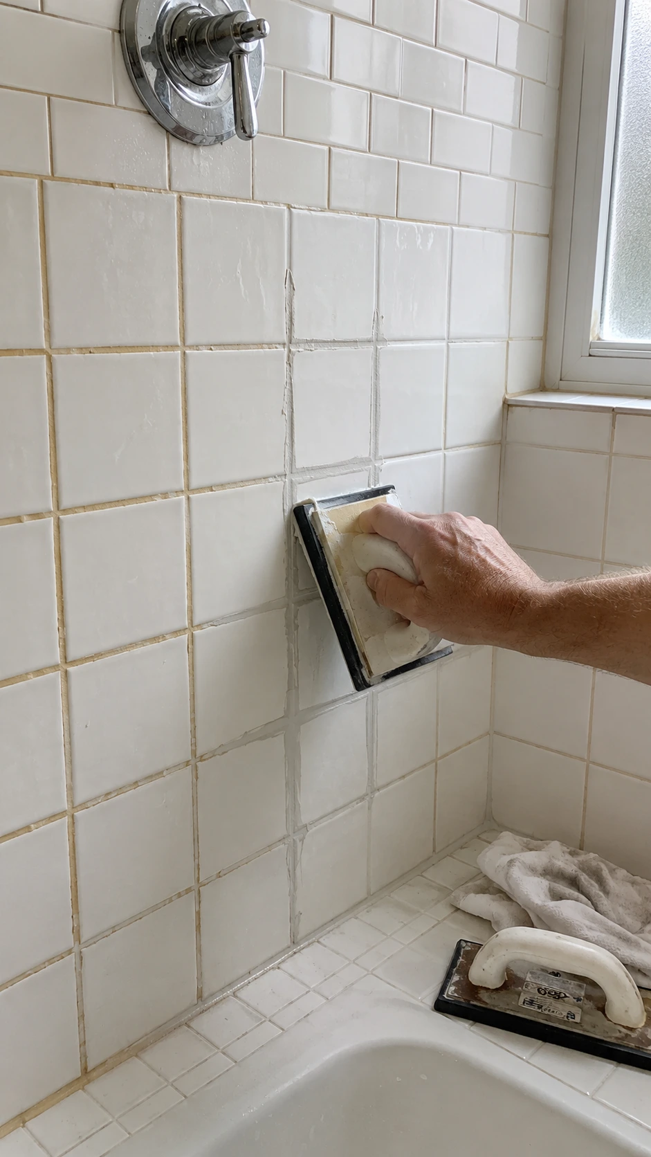 Close-up of white ceramic shower tiles being regrouted with pale gray grout using a rubber float, showing the first essential step in any bathroom shower refresh