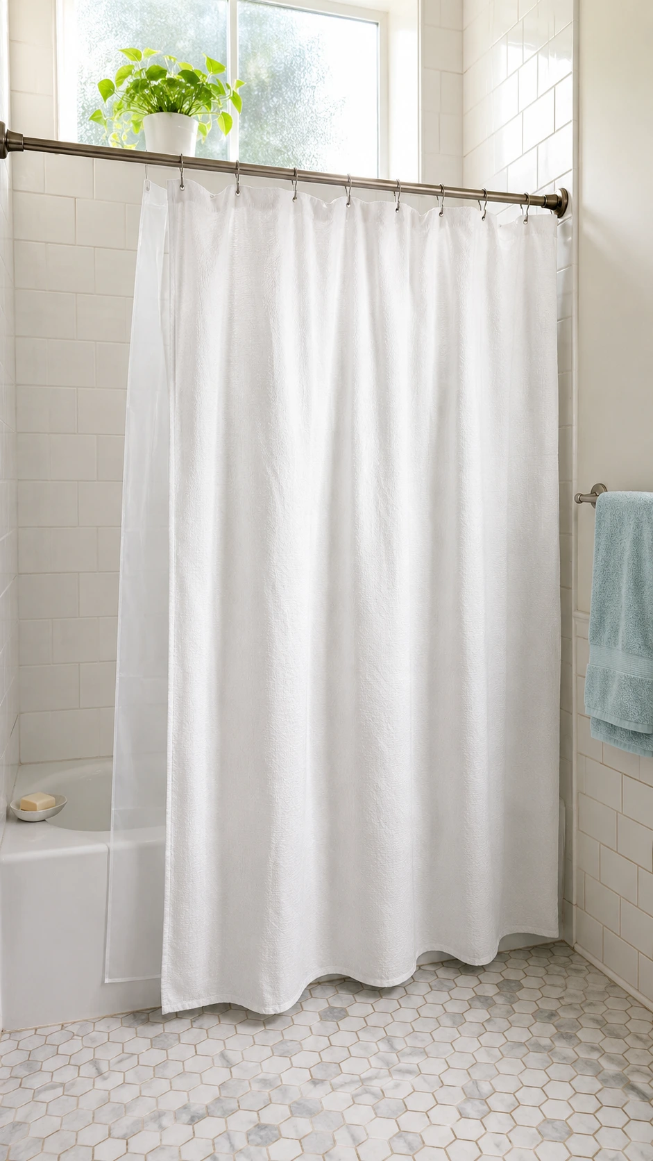 Freshly hung white cotton shower curtain paired with a clean PEVA liner on a brushed nickel rod, showing how replacing both together instantly refreshes a bathroom shower