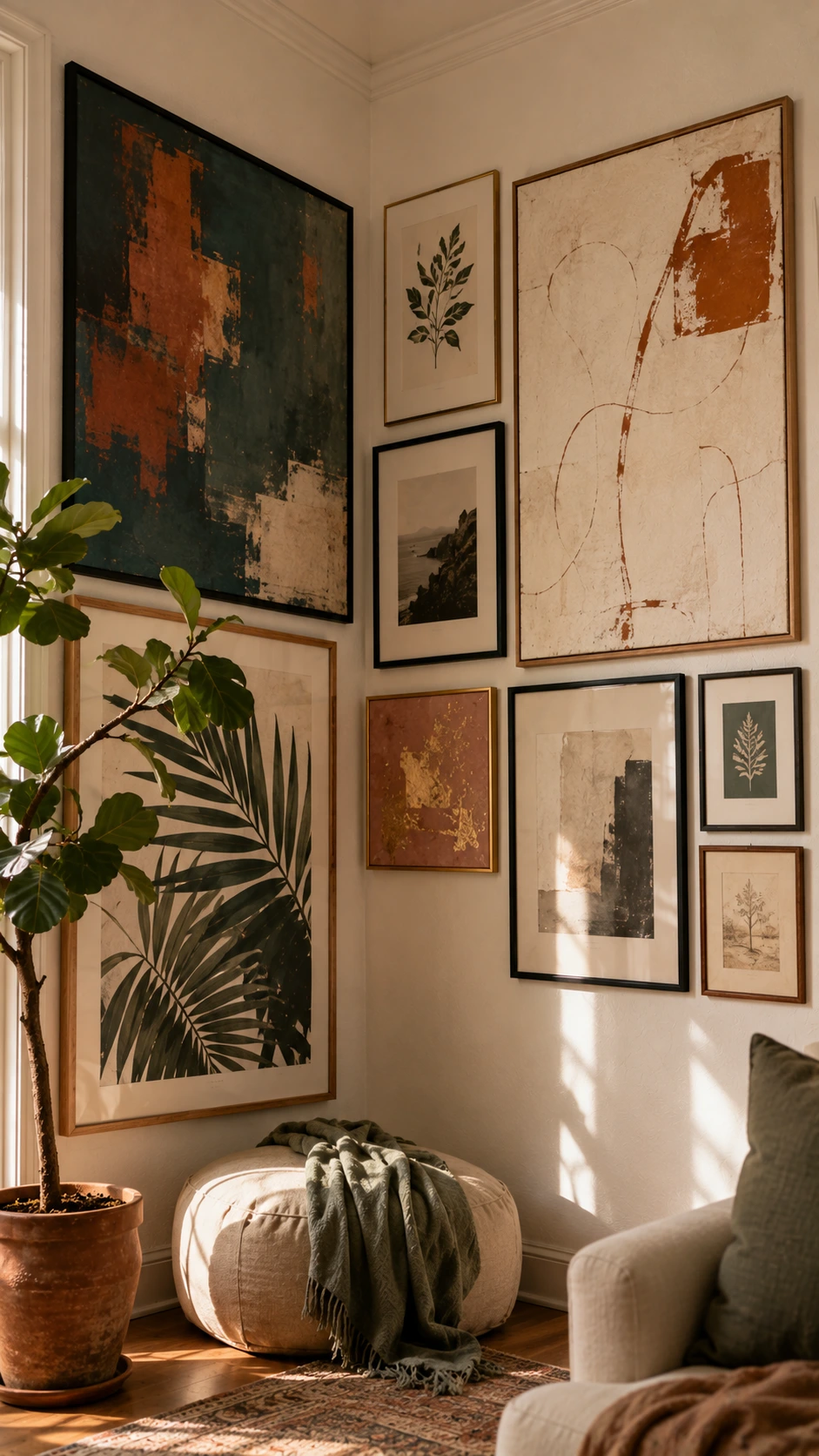 Oversized gallery wall filling a living room corner from baseboard to ceiling, using the vertical axis where two walls meet as a bold anchor for the arrangement