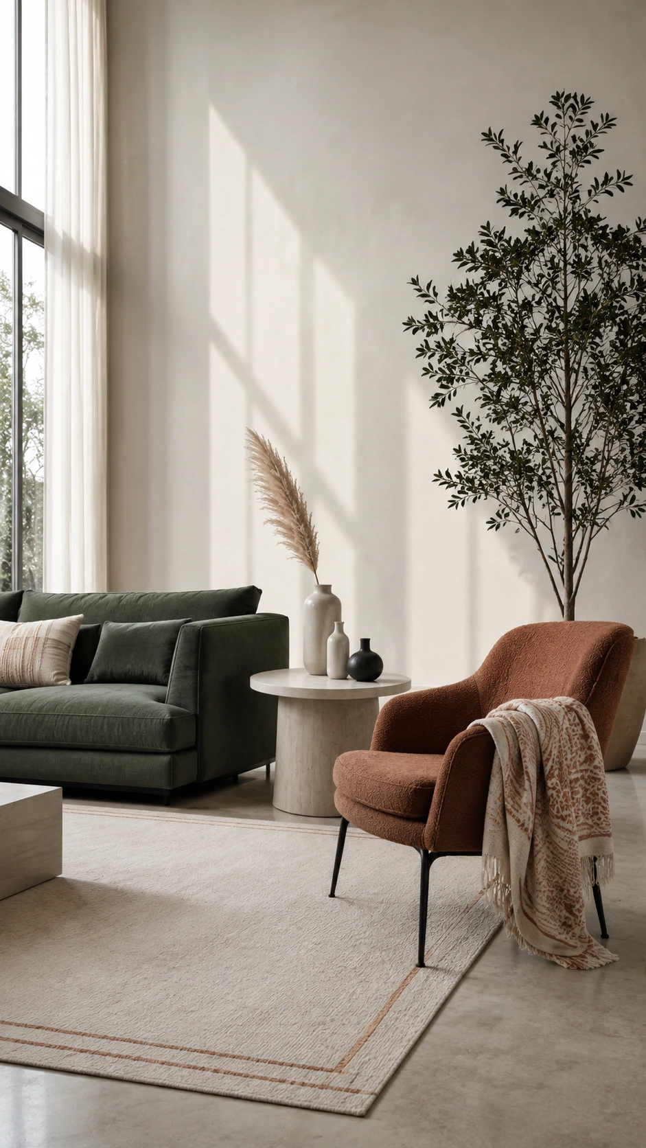 Modern living room with low-profile dusty sage sofa paired with an accent chair near floor-to-ceiling windows, showing how a second seat completes sofa decor