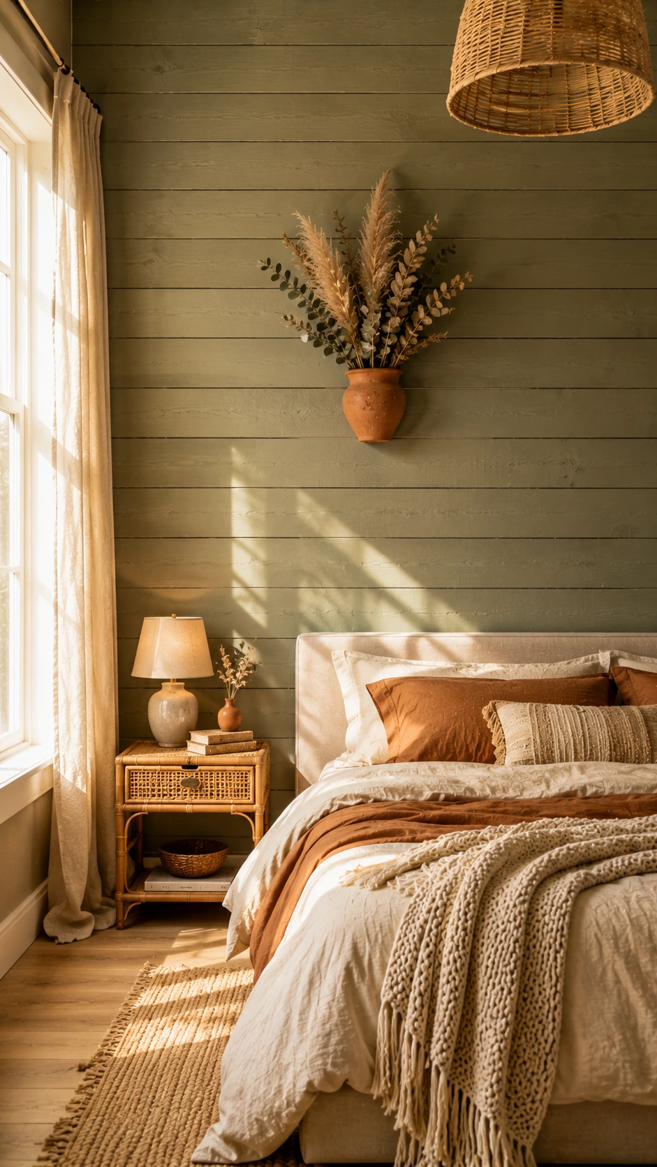 Floor-to-ceiling sage green shiplap feature wall with visible wood grain texture, bathed in warm natural light from a tall bedroom window