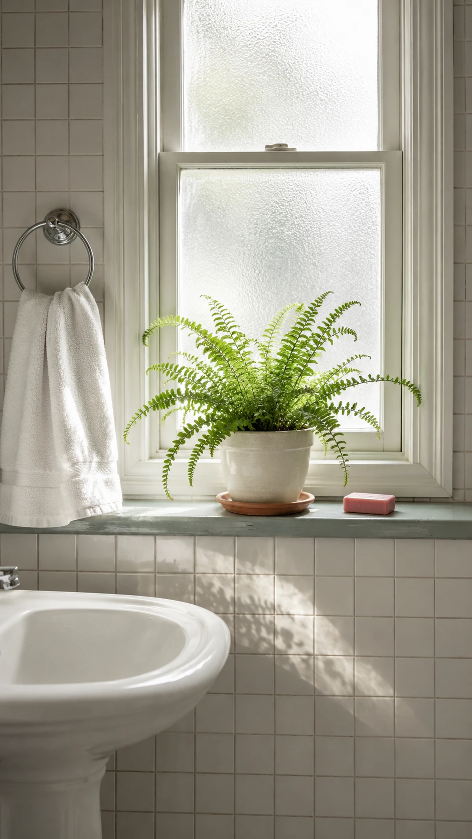 Small Boston fern in a matte white ceramic pot on a painted bathroom windowsill, its feathery green fronds catching soft diffused morning light through frosted glass