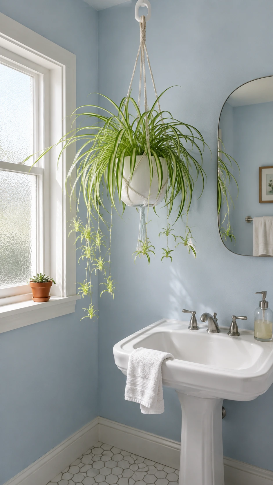 Spider plant with green and cream-striped leaves cascading from a white ceramic hanging planter near a sunlit bathroom window, with baby plantlets on thin runners