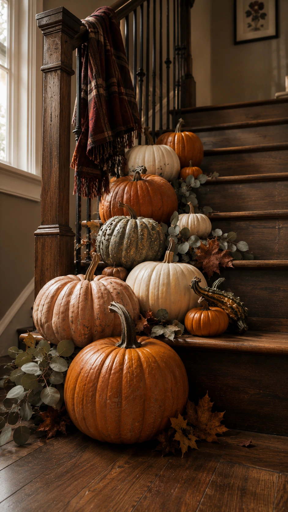 Clustered real pumpkins in burnt orange, ivory, and warty sage green stacked on wooden stair steps, creating a dramatic Halloween staircase display