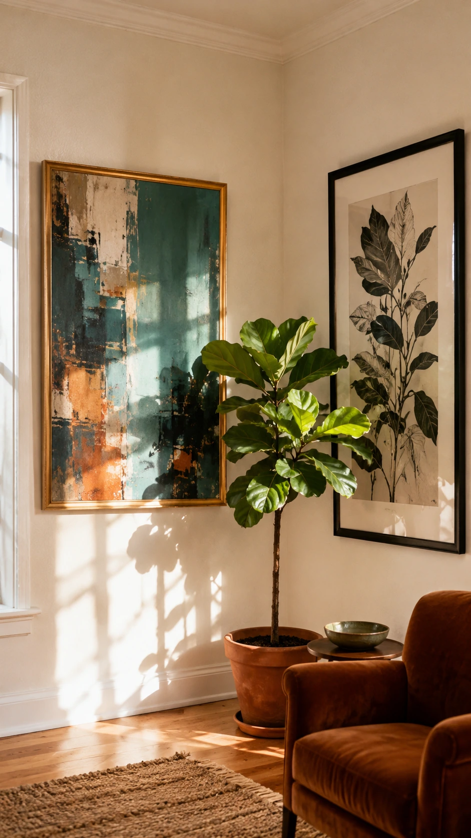 Large teal and burnt sienna abstract canvas in ornate gold frame anchoring a gallery wall corner, showing how one bold piece sets the foundation for corner arrangements