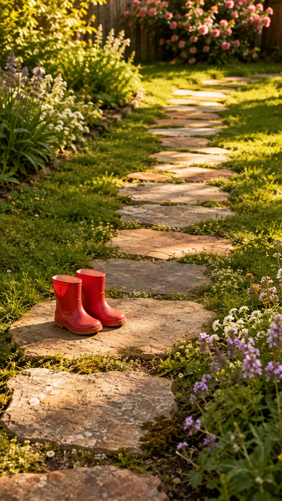 Winding stepping stone path of irregular natural flat stones in sandy beige, slate, and terracotta winds through a sun-lit backyard play area bordered by lavender blooms
