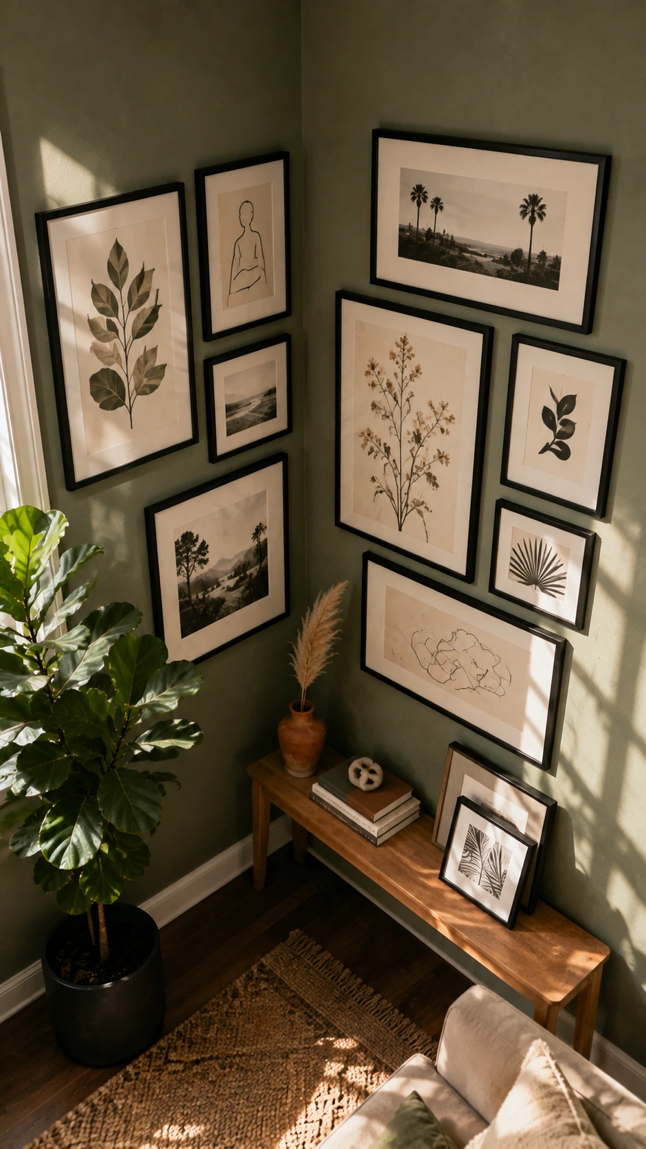 Gallery wall corner featuring frames in a unified neutral color palette, creating a cohesive and intentional display in a cozy living room corner