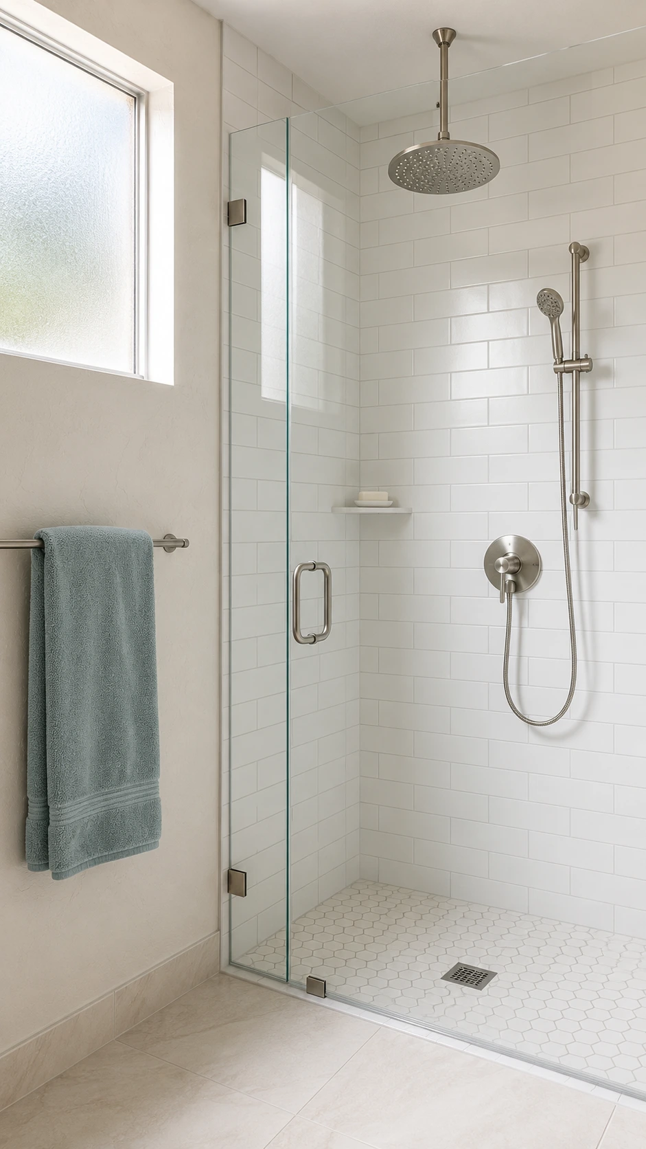 Modern shower with a large round brushed nickel rainfall showerhead on a ceiling-height arm and a handheld wand on a wall bracket — a simple showerhead upgrade that transforms the whole bathroom