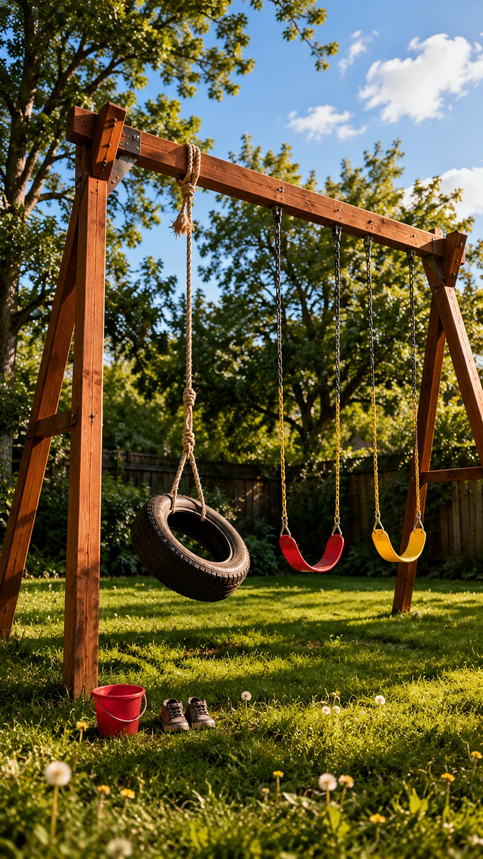 Sturdy cedar swing set with a classic tire swing in a sun-drenched backyard surrounded by lush green grass and leafy oak trees