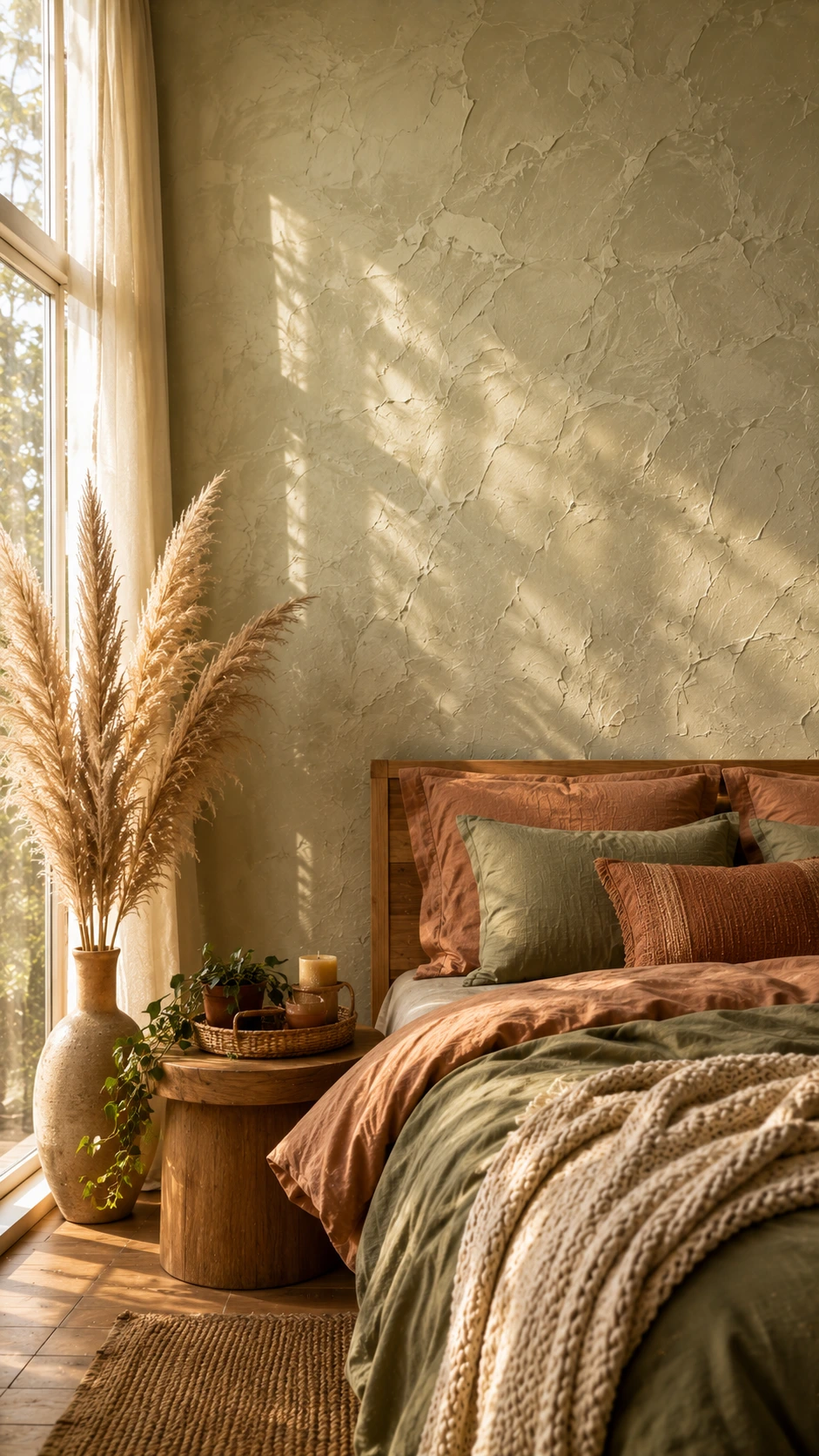 Venetian plaster feature wall in sage-cream tones glowing under afternoon light — a textured finish that transforms a bedroom wall into living art