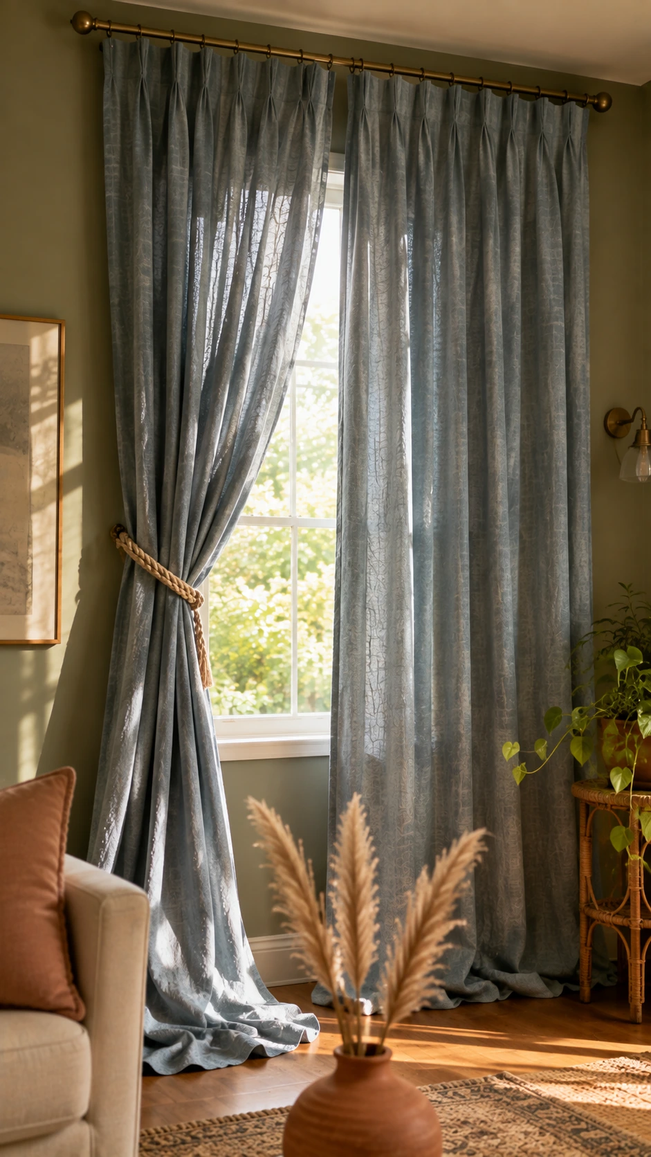Dusty blue-grey linen curtains asymmetrically tied back on a brass rod in a sage green living room, creating an effortless, relaxed curtain decor look