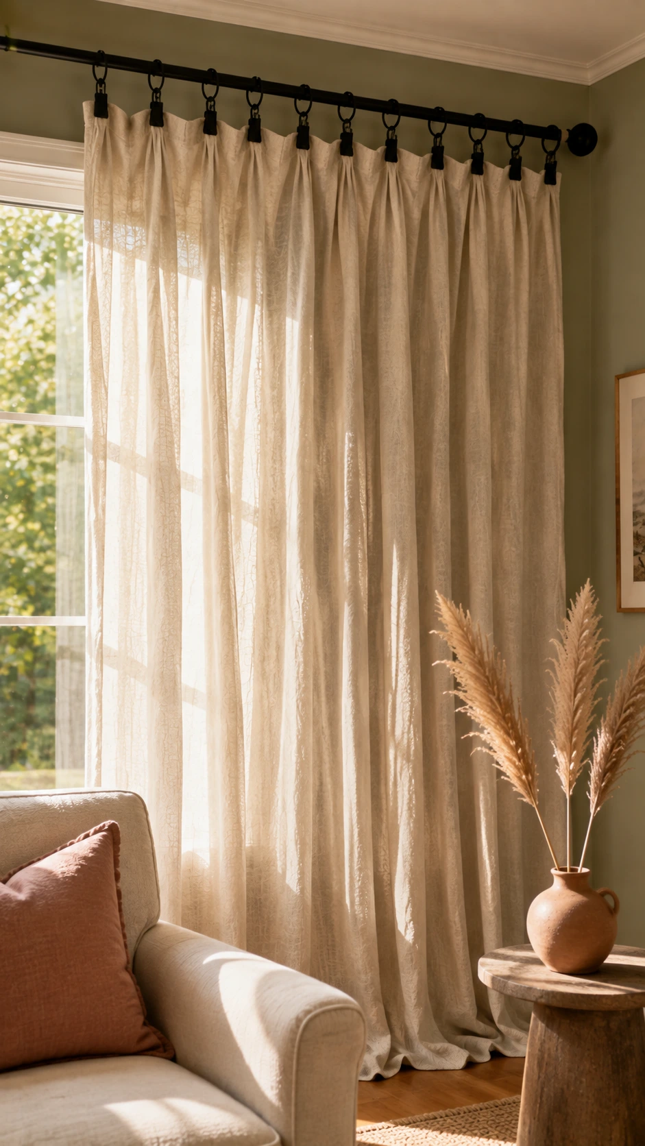 Matte black clip-ring curtain hangers holding oatmeal linen drapes on a floor-to-ceiling rod, creating relaxed folds against sage green walls