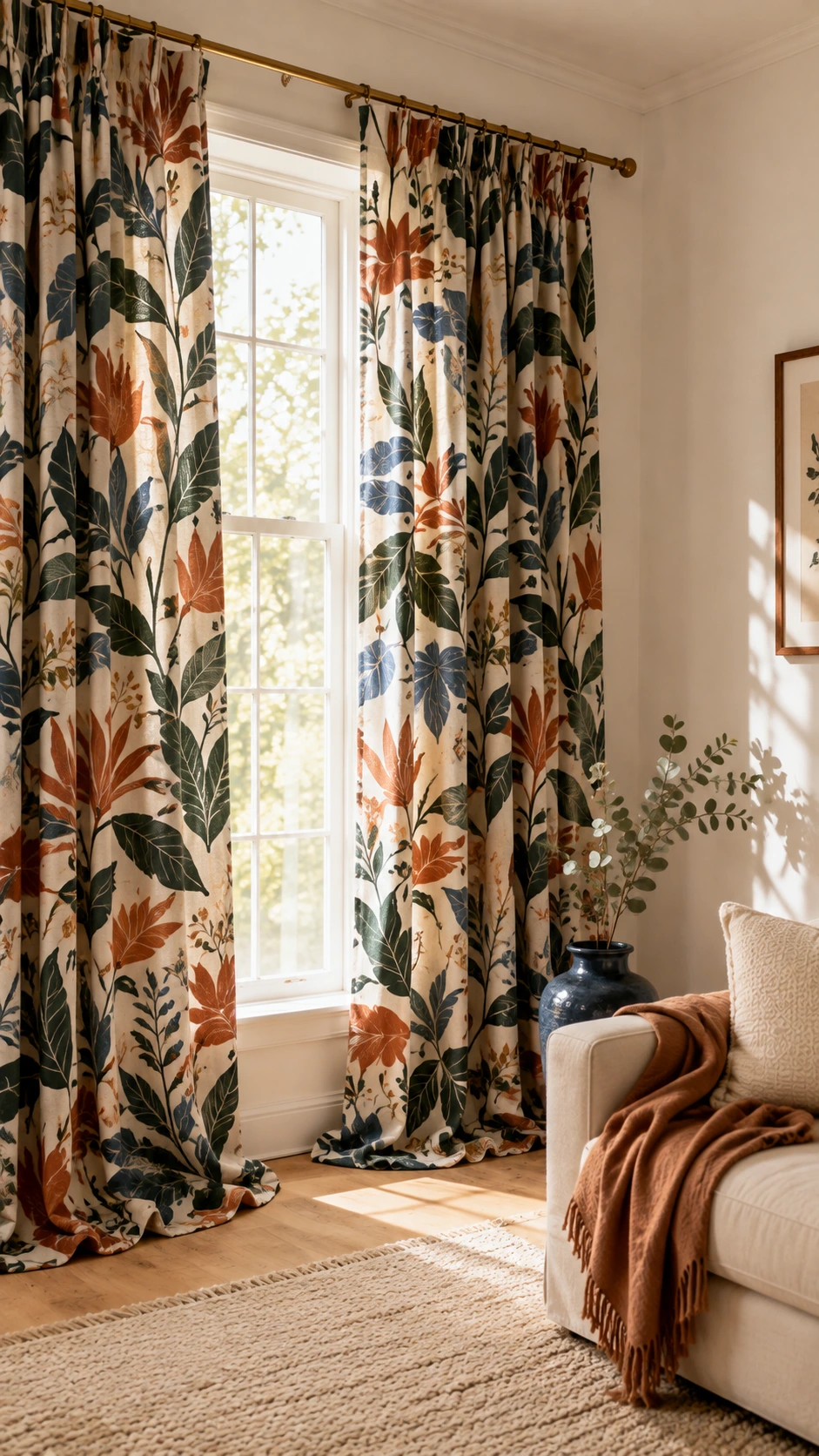 Floor-to-ceiling botanical print curtains in deep forest green hang from a brass rod in a neutral living room with ivory linen sofa and oak floors