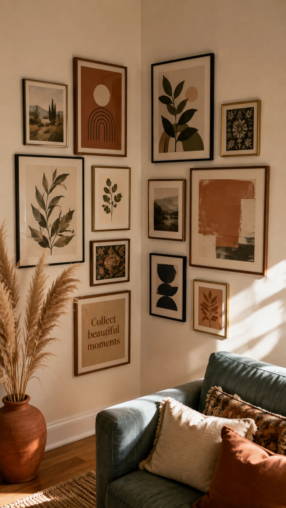 Symmetrical gallery wall spanning a warm white living room corner, with the wall seam as the intentional visual center and framed artwork fanning outward on both sides