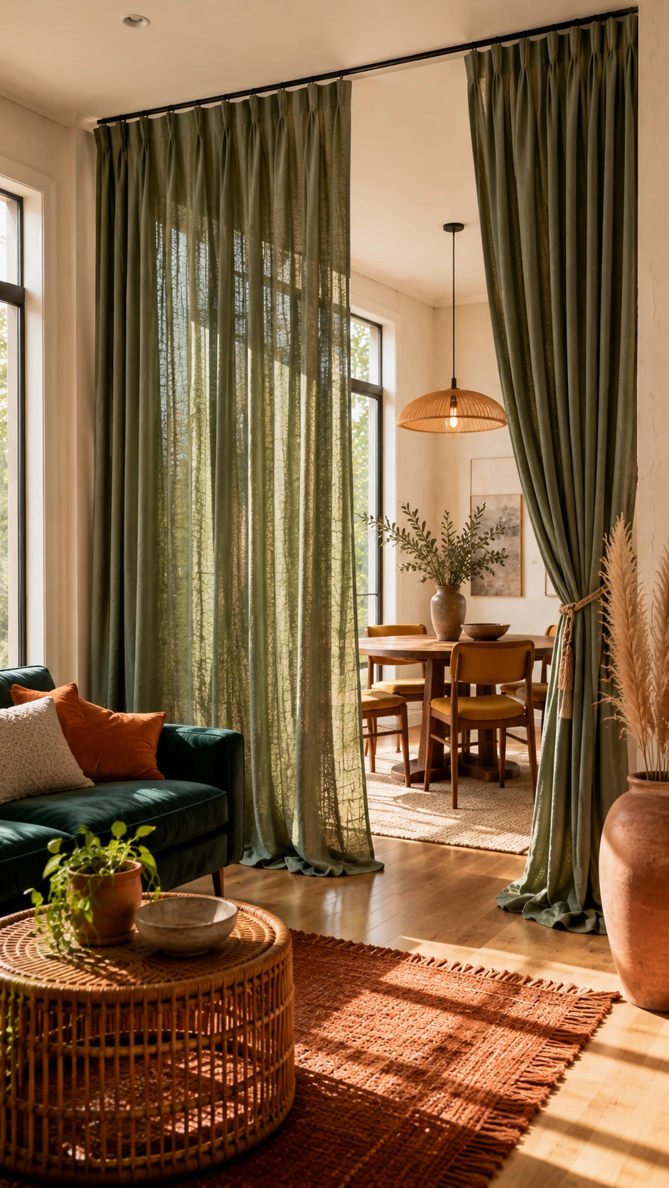 Floor-to-ceiling sage linen curtains on a ceiling-mounted track softly divide an open-plan living and dining area, showing how curtains can define zones without walls