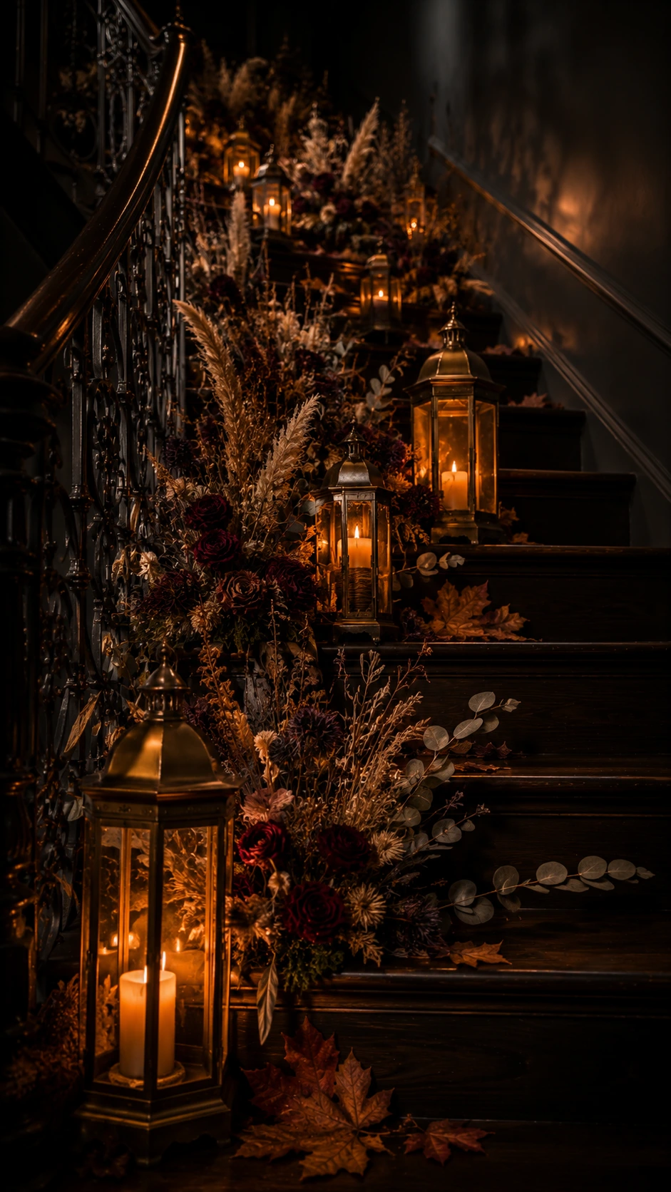 Grand staircase decorated for Halloween with antique brass and smoked-glass lanterns clustered at varying heights against dark charcoal walls for a moody, atmospheric look