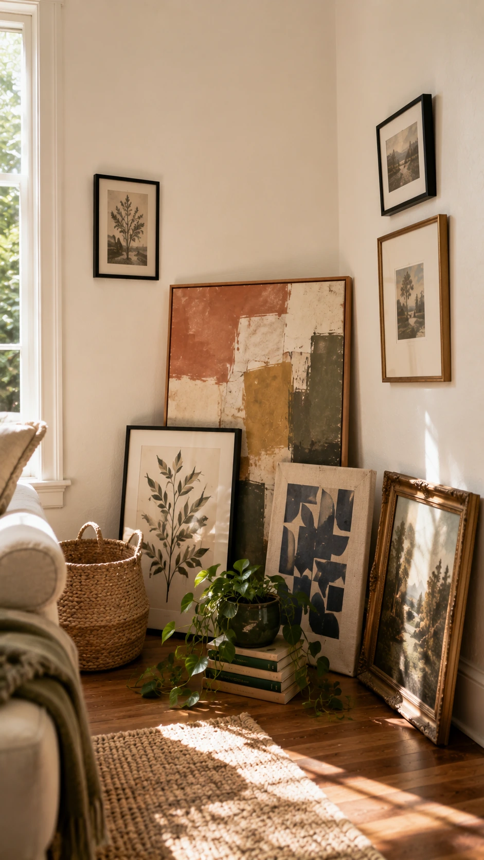 Oversized framed art pieces leaning casually at a white living room corner, mixing abstract canvas and prints to create an effortless gallery wall base