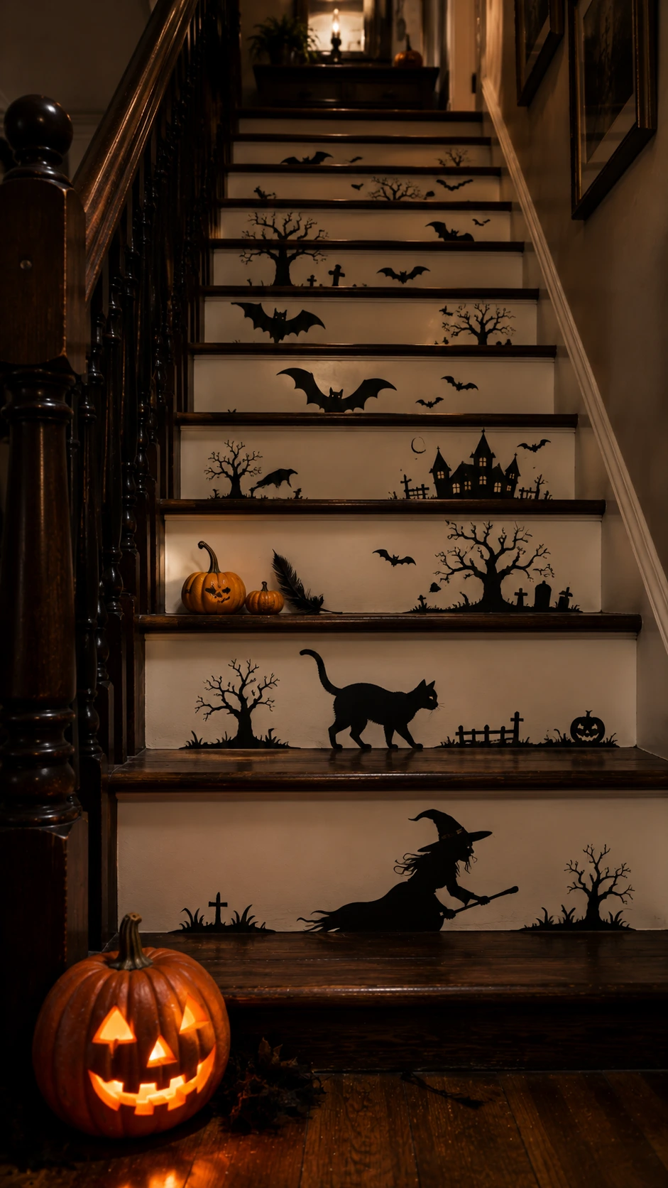 Halloween staircase with printed black silhouette signs displayed on each individual step riser, creating a dramatic spooky effect in a real home interior