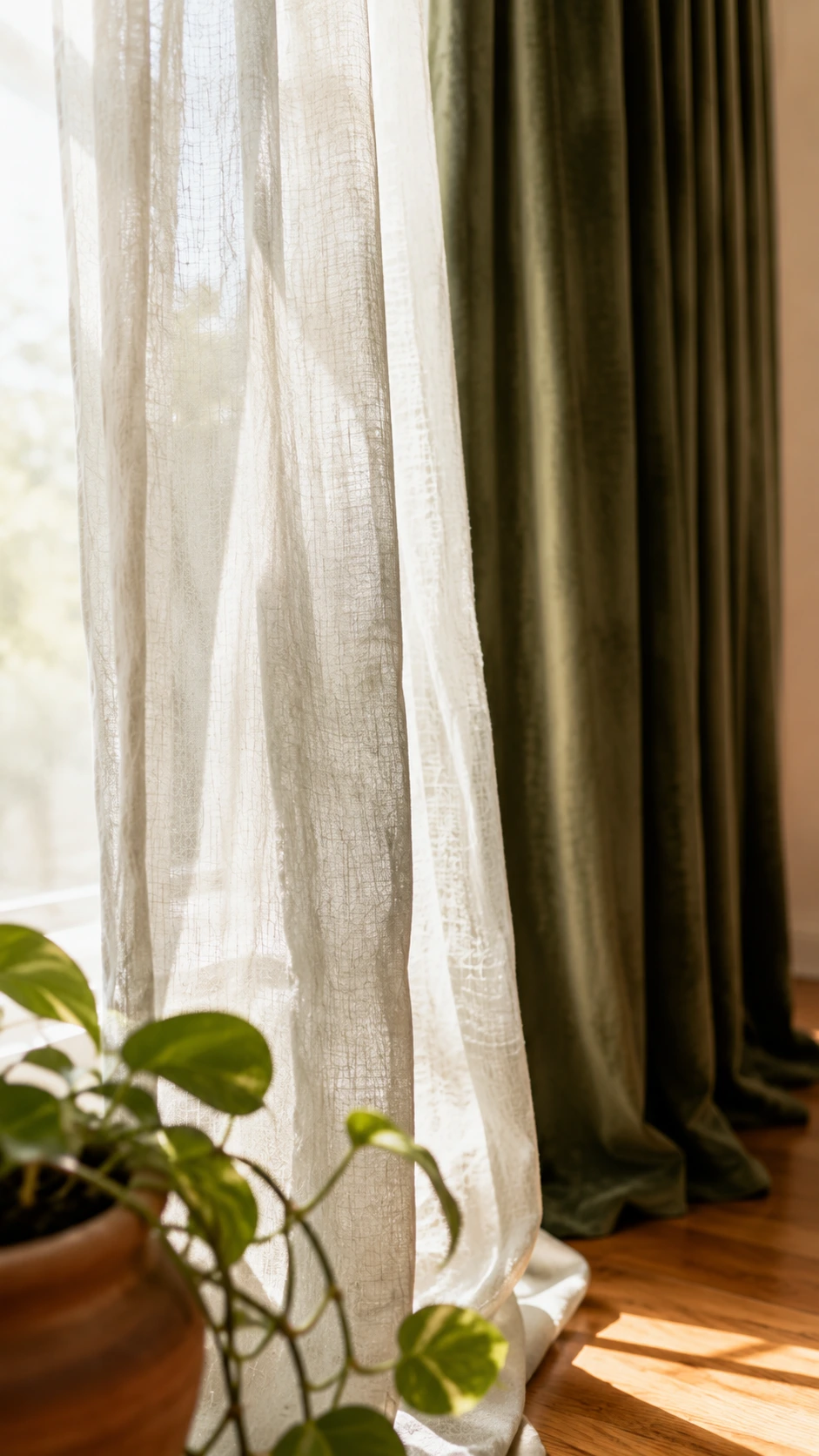 Gossamer white sheer curtain panels layered over a floor-to-ceiling window in a sun-filled living room, diffusing warm morning light across honey-toned hardwood floors