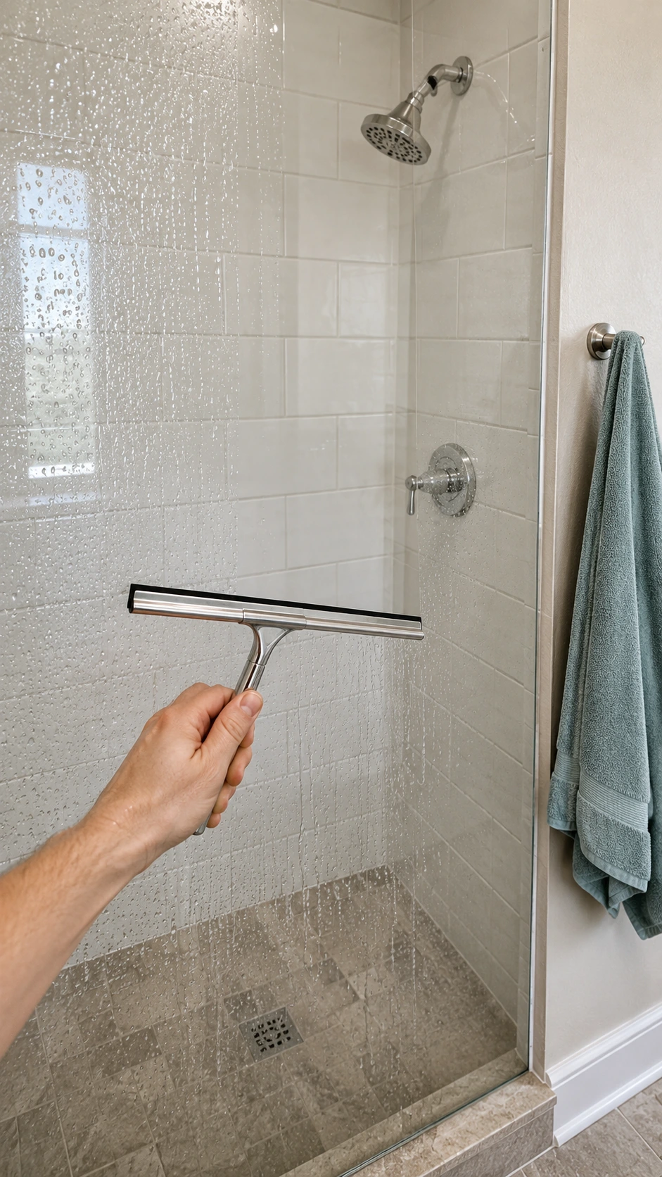 Hand pulling a rubber squeegee down a wet glass shower door, leaving a clean dry stripe — quick daily habit to prevent soap scum buildup