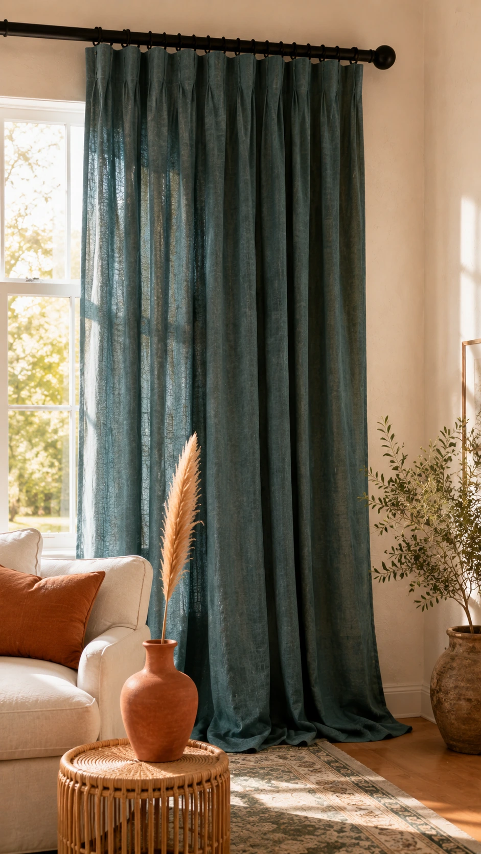 Floor-to-ceiling dusty teal linen curtains hung from a thick matte black curtain rod mounted near the ceiling, making the rod a bold design detail in a bright linen-toned living room