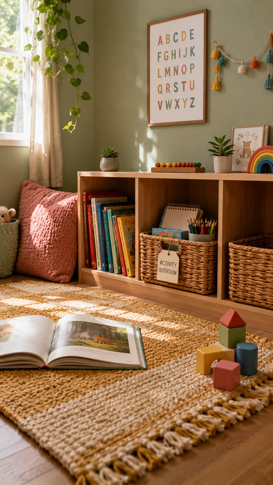 Cozy kids learning corner with sage green walls showing a simple book rotation system on a low wooden shelf above a warm mustard woven rug