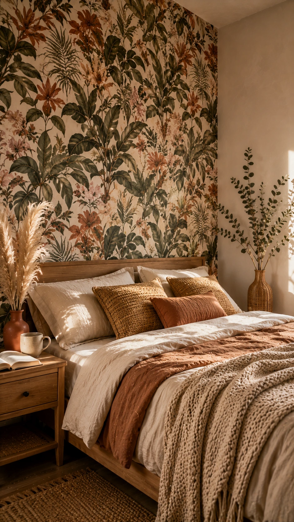 Cozy boho bedroom with three soft white textured plaster walls and one floor-to-ceiling botanical feature wallpaper wall in deep forest green, terracotta, and dusty blush with tropical leaf and floral motifs