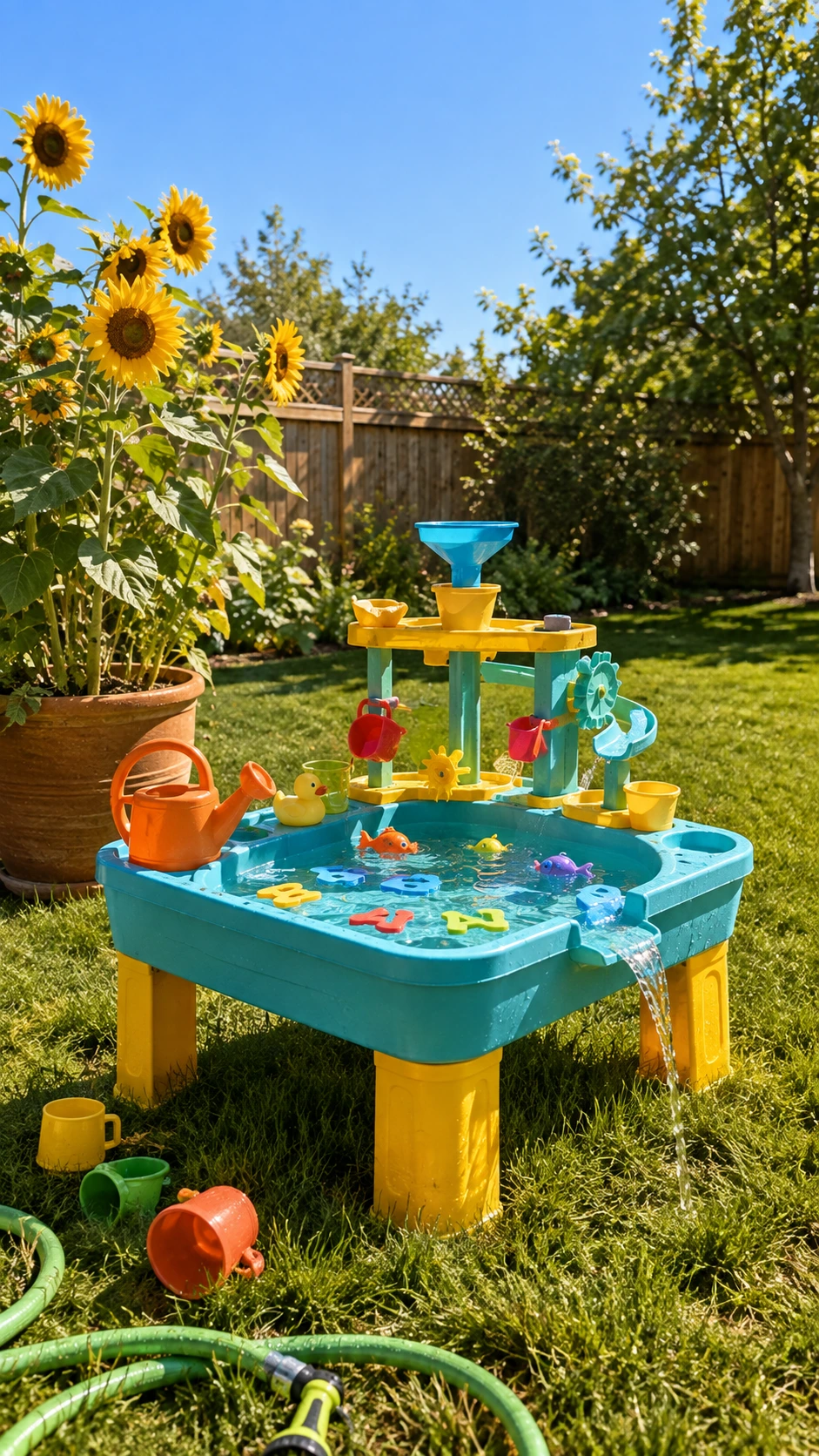 Colorful aqua and yellow outdoor water play station on sun-drenched backyard grass, perfect for kids' summer water play areas