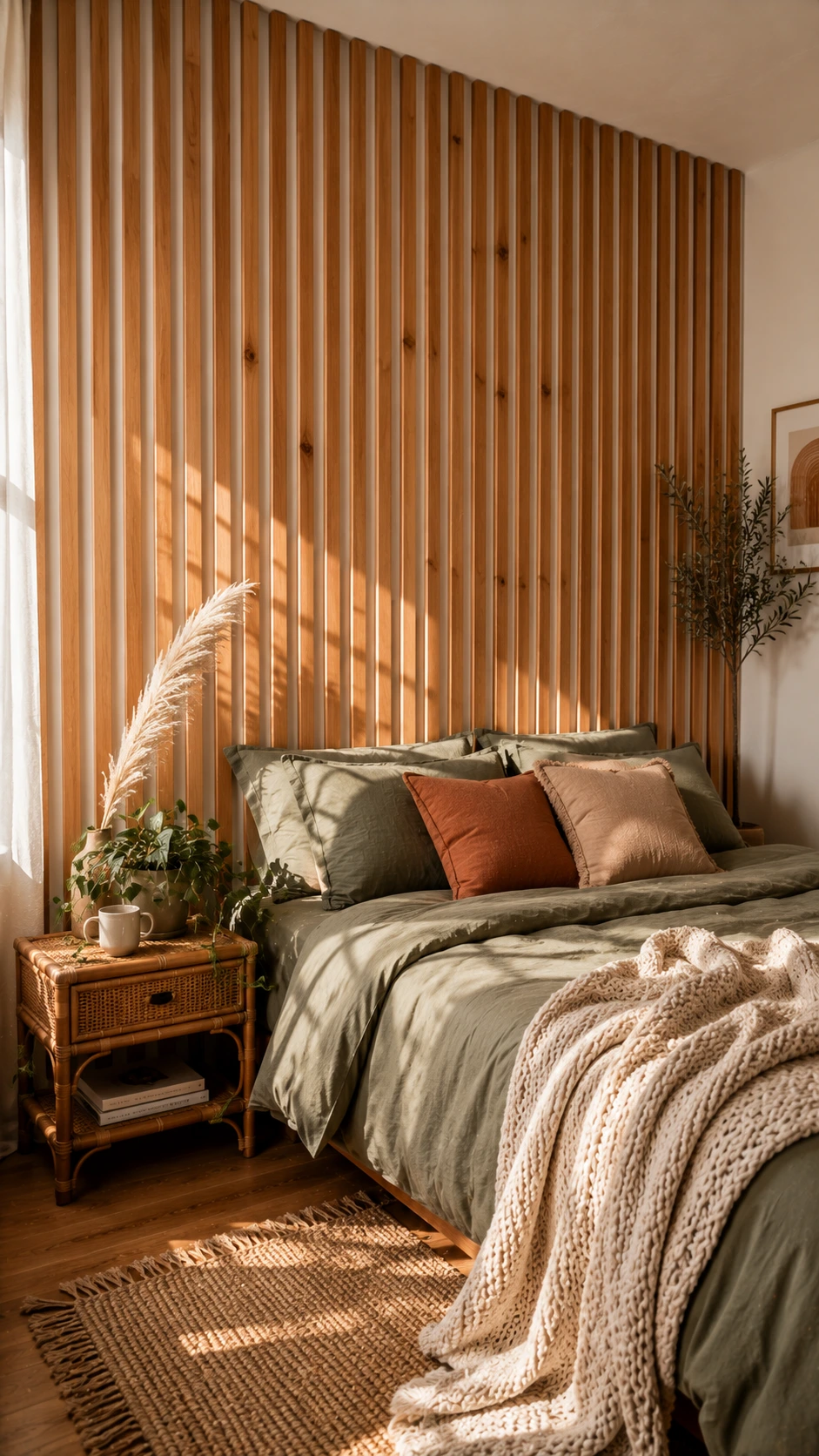 Floor-to-ceiling oak wooden slat panel feature wall with warm grain detail, bringing natural texture to a bedroom interior