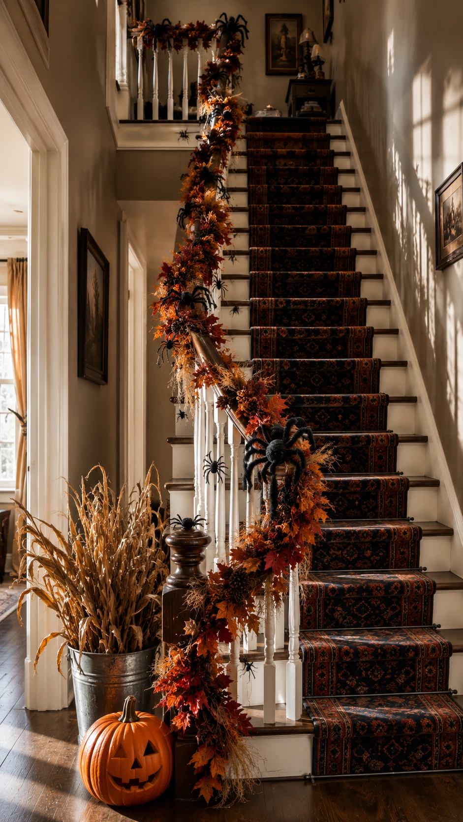 Faux autumn garland wrapped in a loose spiral down a full wooden staircase banister, with soft afternoon light casting diagonal shadows across the steps