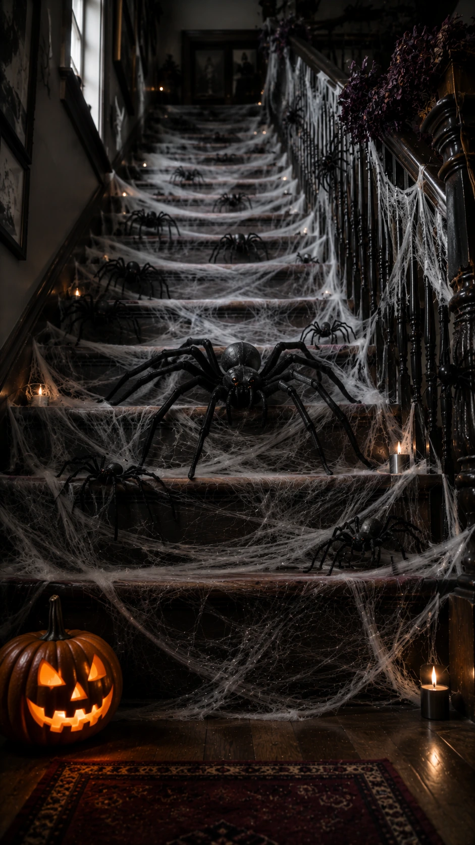 Dark wood staircase wrapped in thick faux cobwebs draped across every step, with oversized spiders clinging to the wrought-iron railing for a dramatic Halloween effect