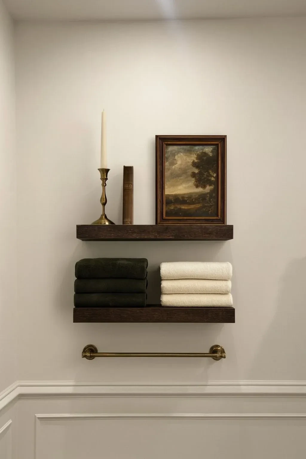 4- Add Dark Wood Shelves Above the Towels