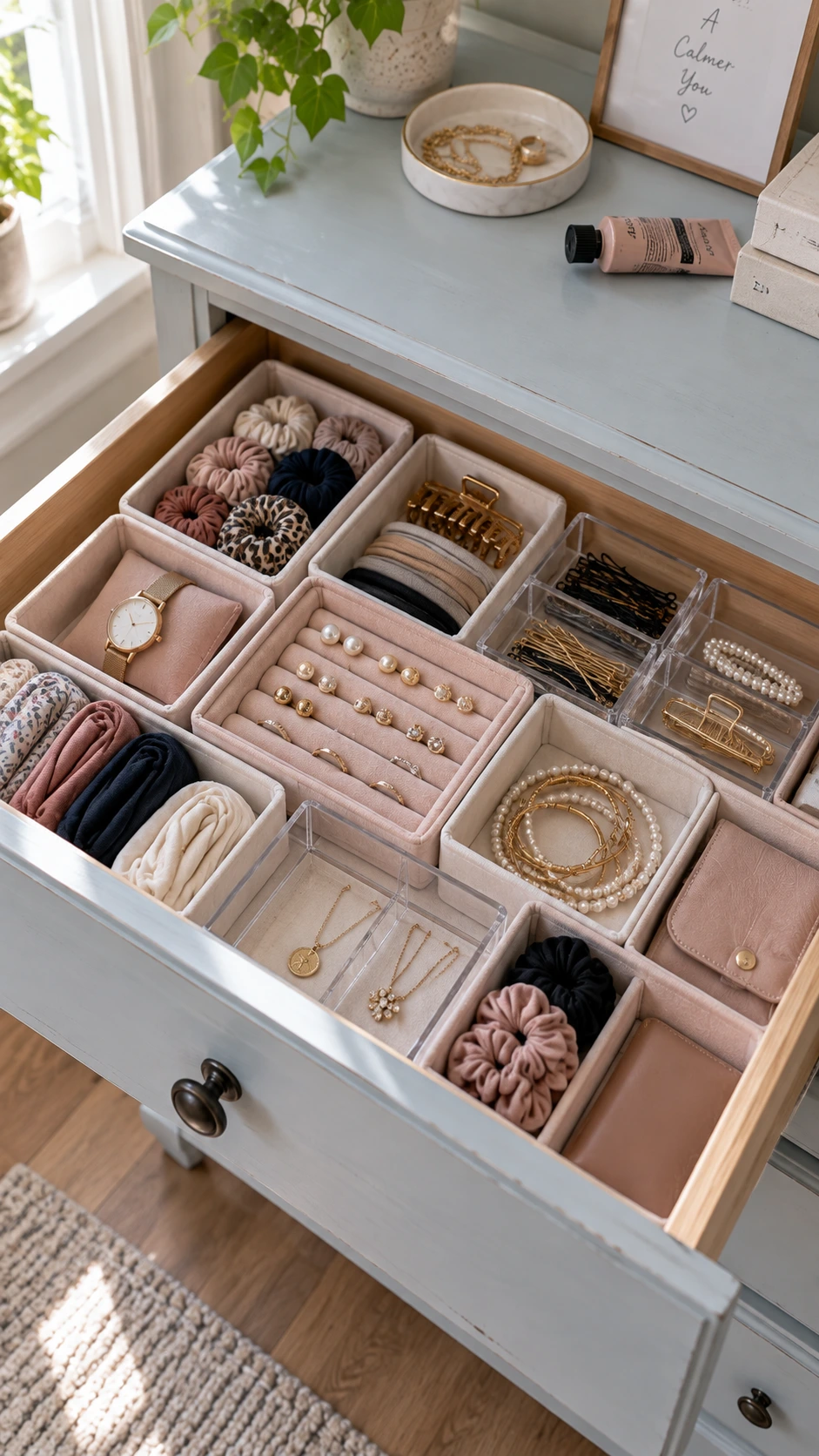 Open dresser drawer with white and blush fabric organizers and clear acrylic dividers sorting hair ties and small bedroom accessories in natural light