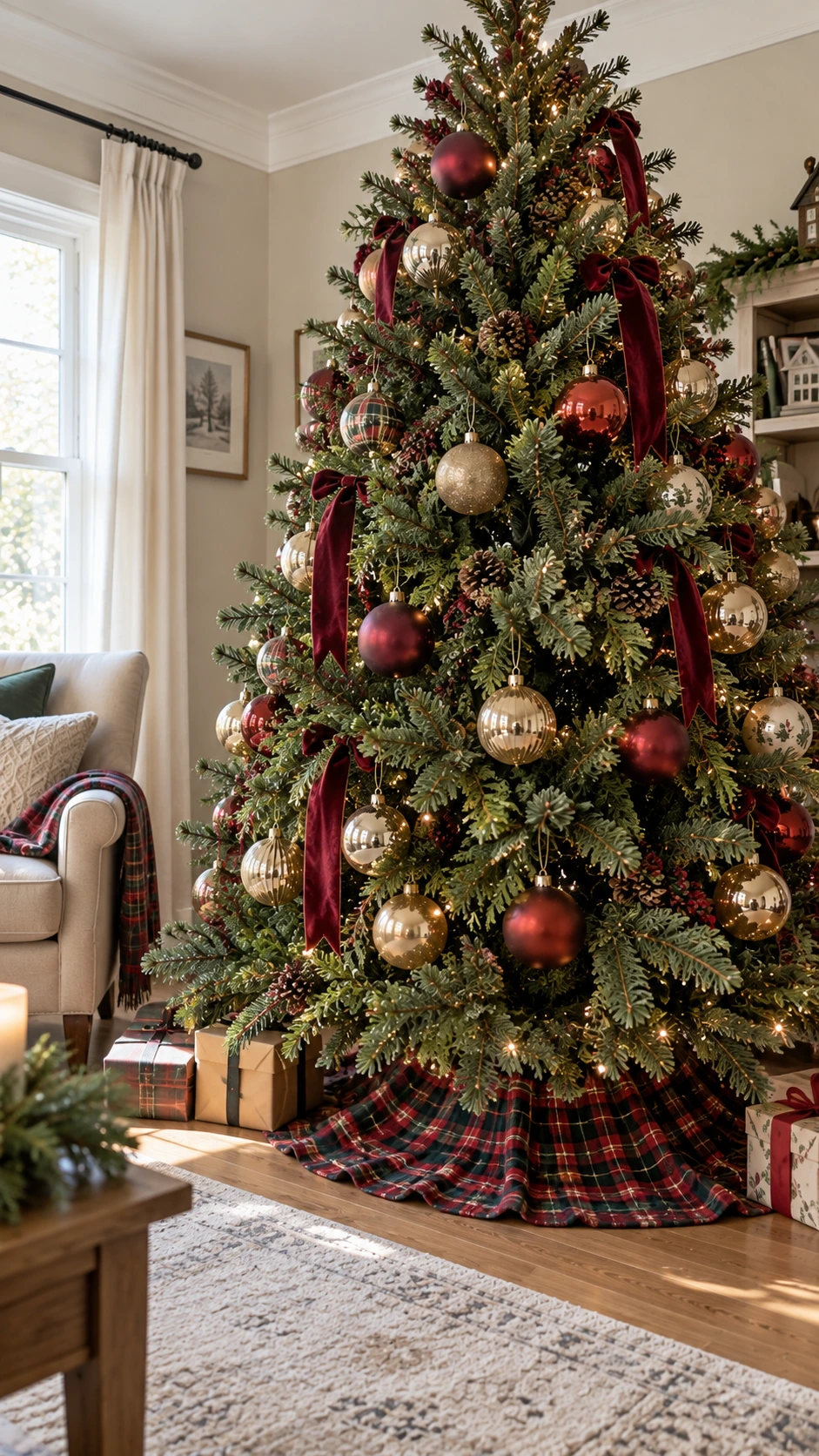 Lush green garland tucked deep into Christmas tree branches in a sunlit living room, creating layered dimensional depth for a fuller tree look