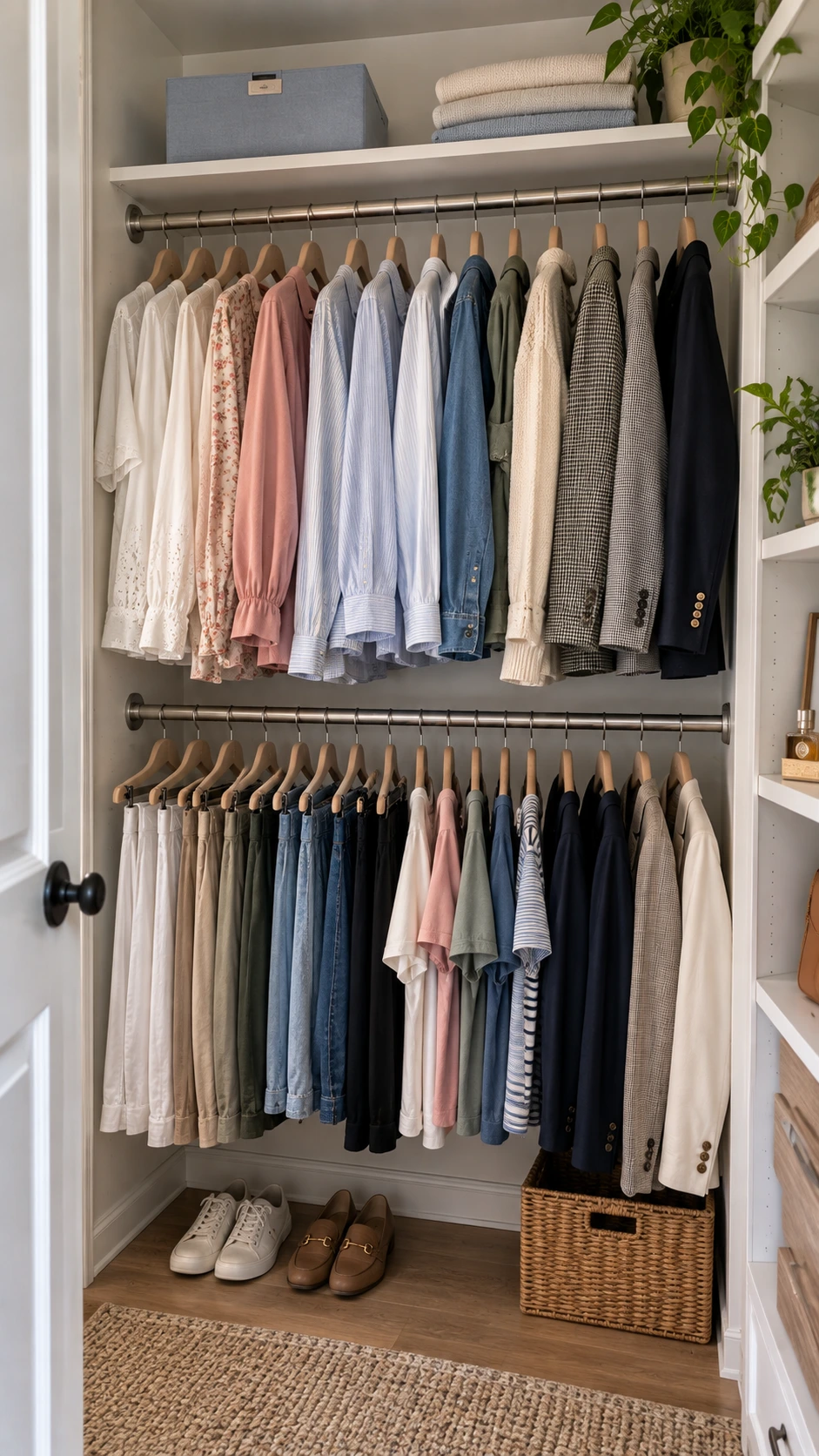 Double hanging rod closet setup with blouses and jackets on upper rod, lower rod maximizing vertical space for short clothing items