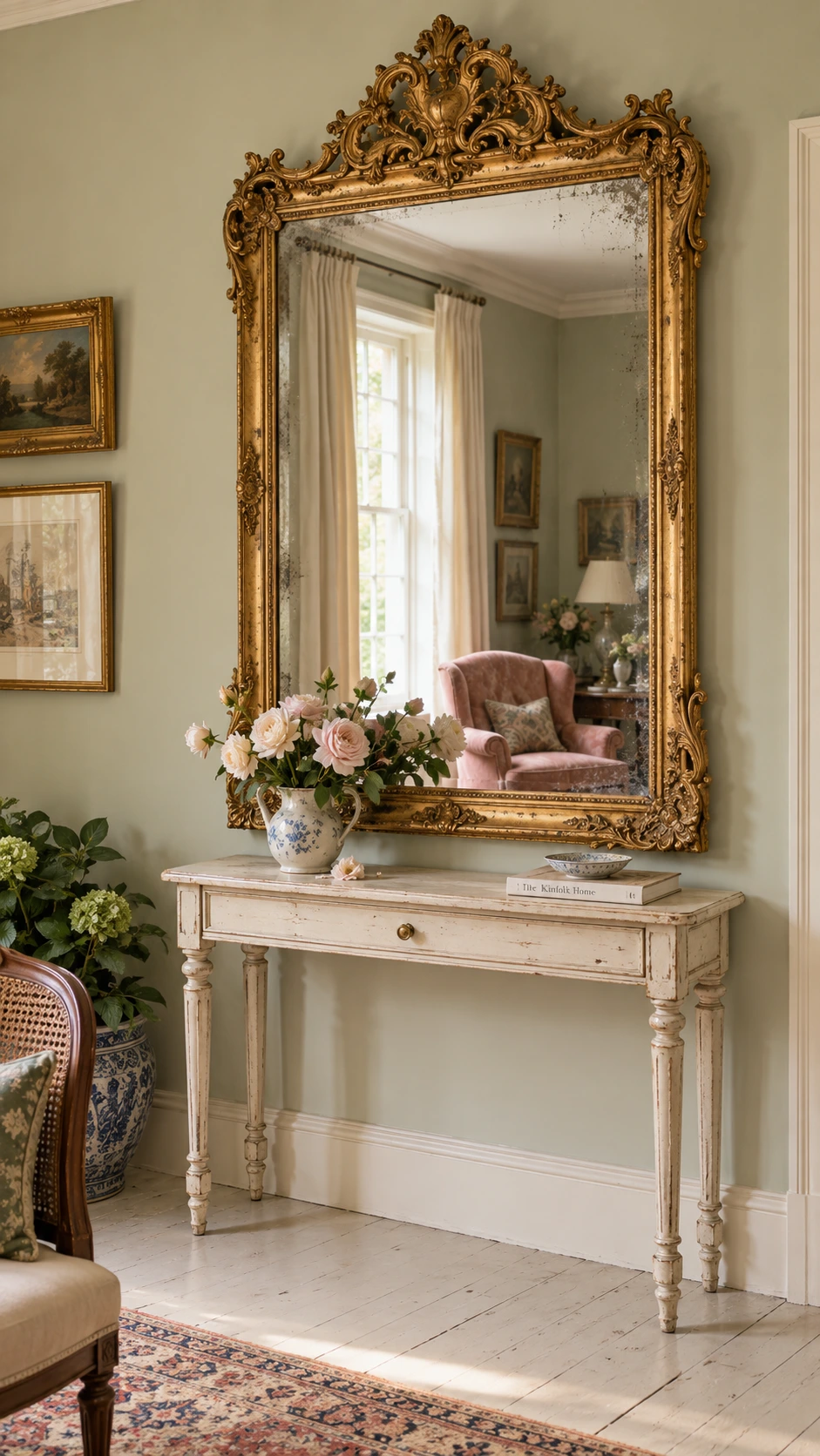 Large antique mirror with ornate gilded frame featuring carved scrollwork and aged patina, anchoring a traditional living room wall with old money elegance