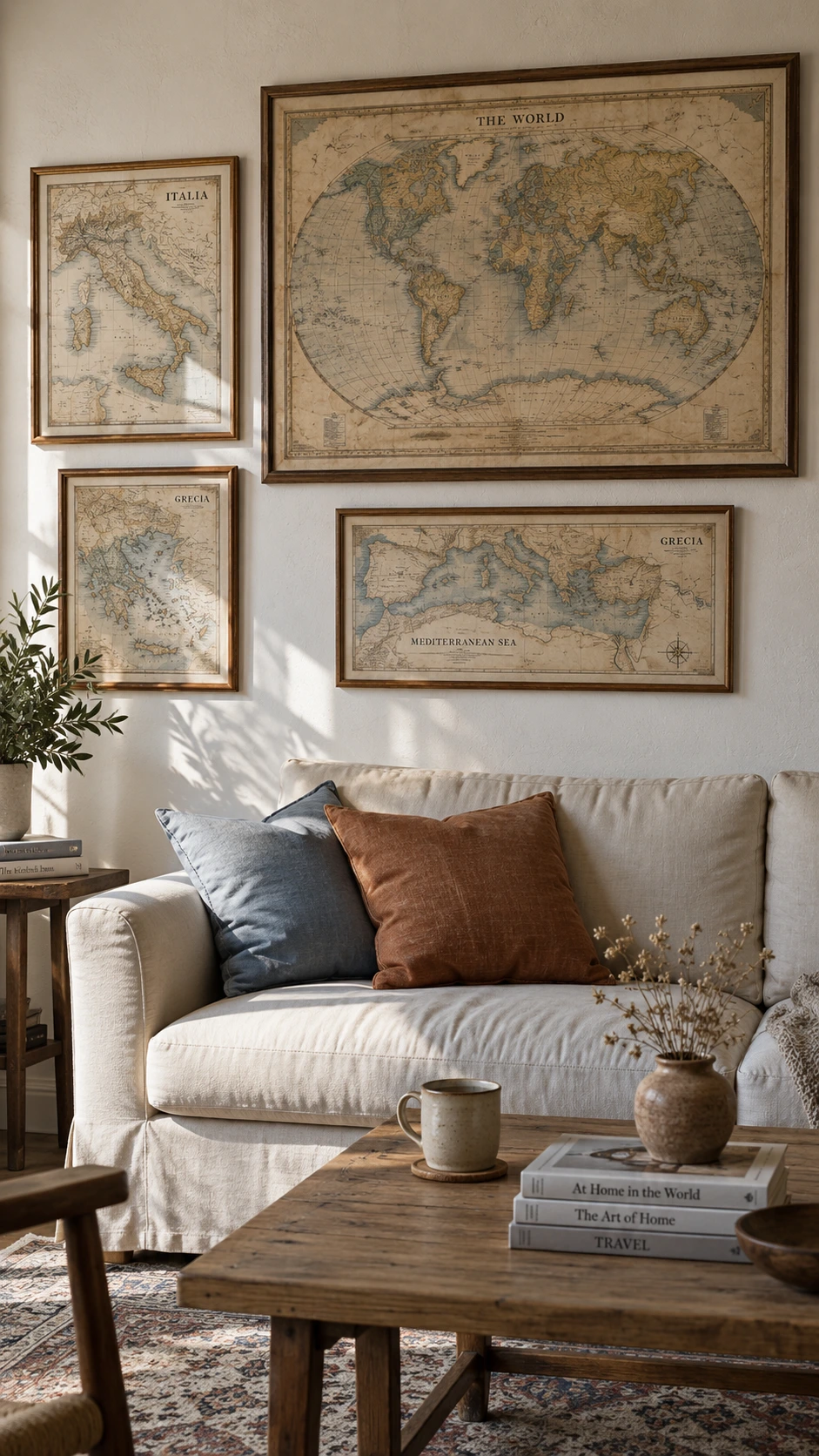 Curated gallery wall of antique and vintage maps in sepia tones and cream, arranged as the focal hanging decor statement in a living room