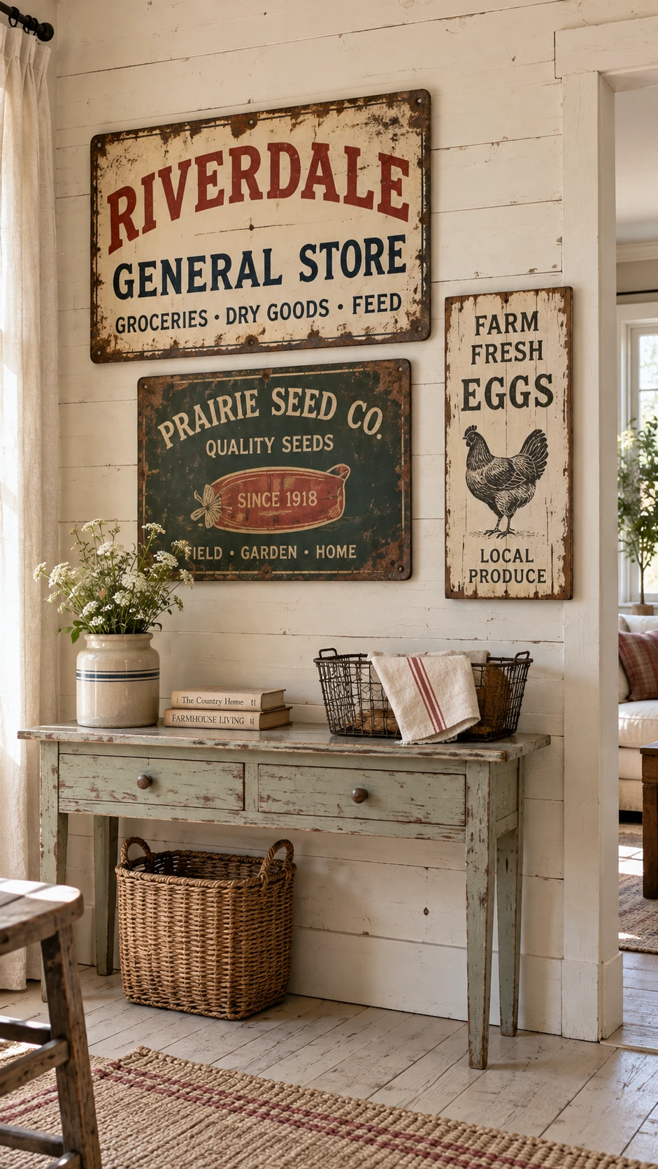 Weathered cream-white farmhouse wall displaying a collection of antique metal signs with chipped red and navy lettering, adding vintage character to a rustic entryway