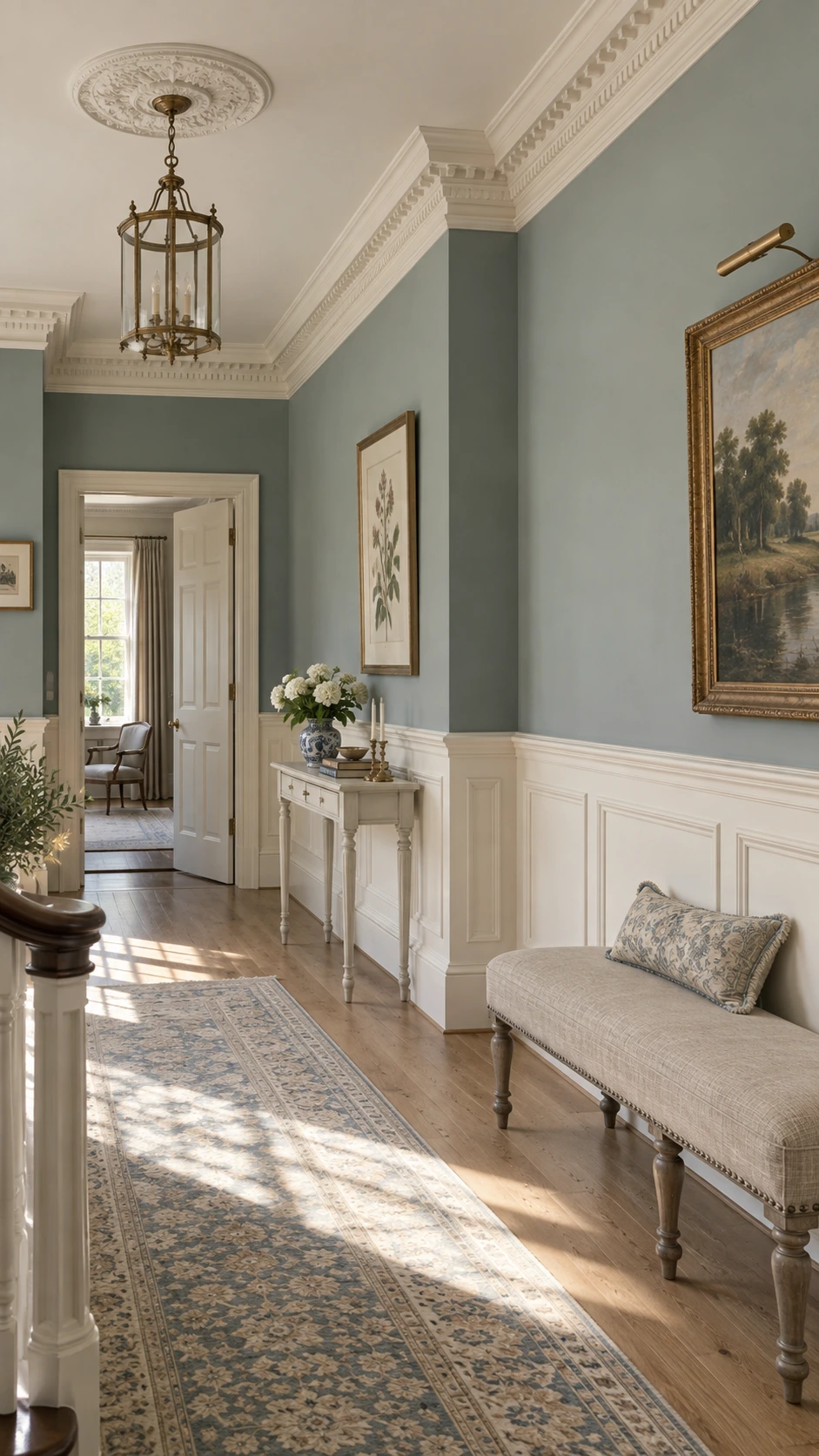 Formal hallway with plaster crown molding, classical chair rail, and raised panel wainscoting painted in warm white — hallmarks of old money home decor