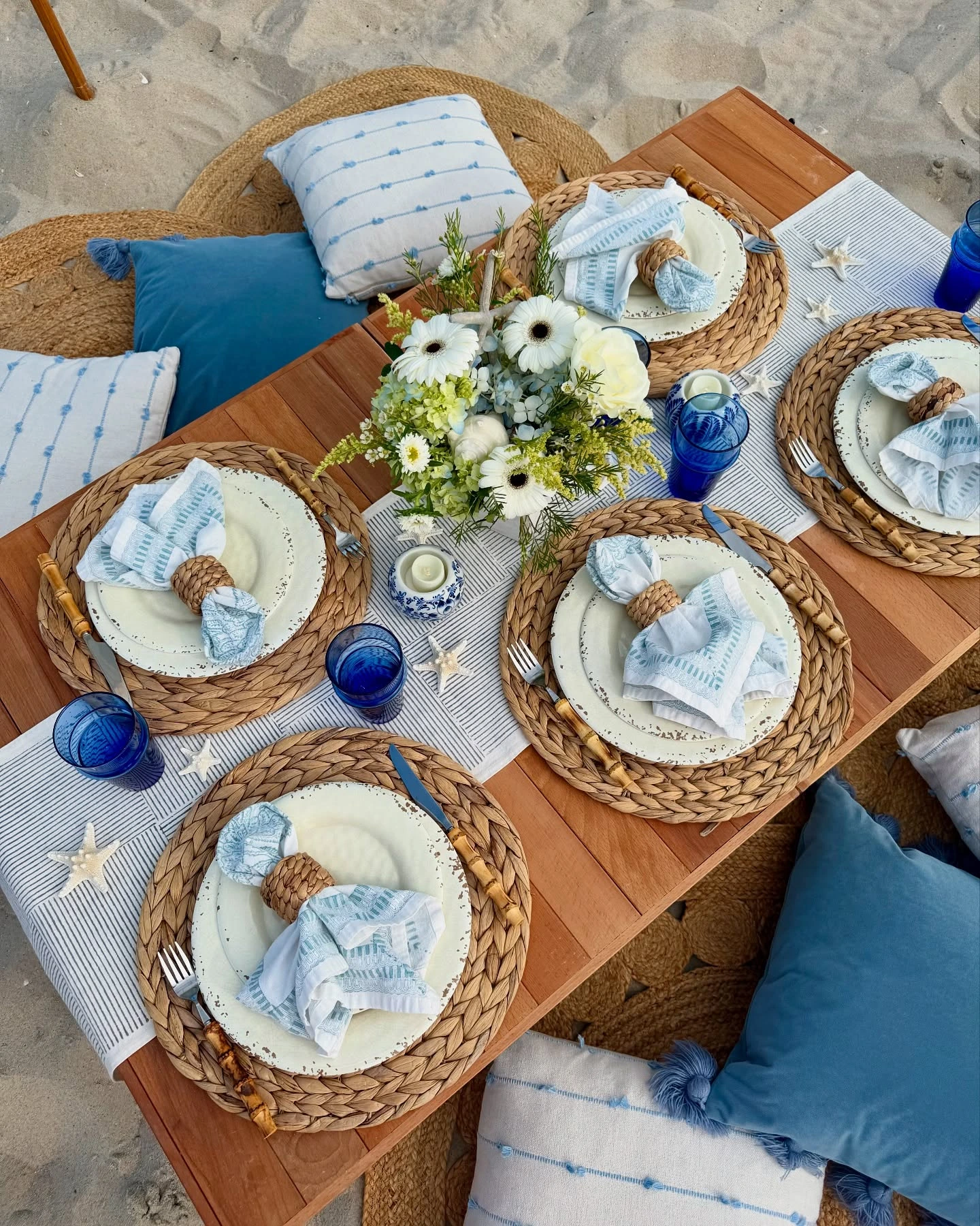 5- Arrange Blue Cushions Around a Low Table