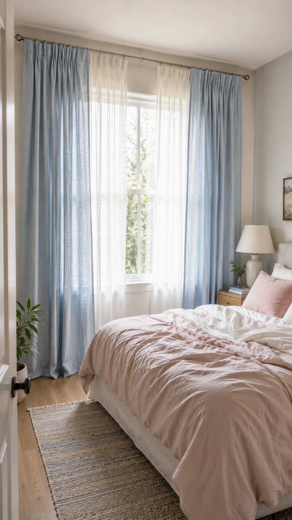 Layered pale sky-blue linen panels and white sheers frame a tall window, showcasing bedroom curtain ideas for bright privacy