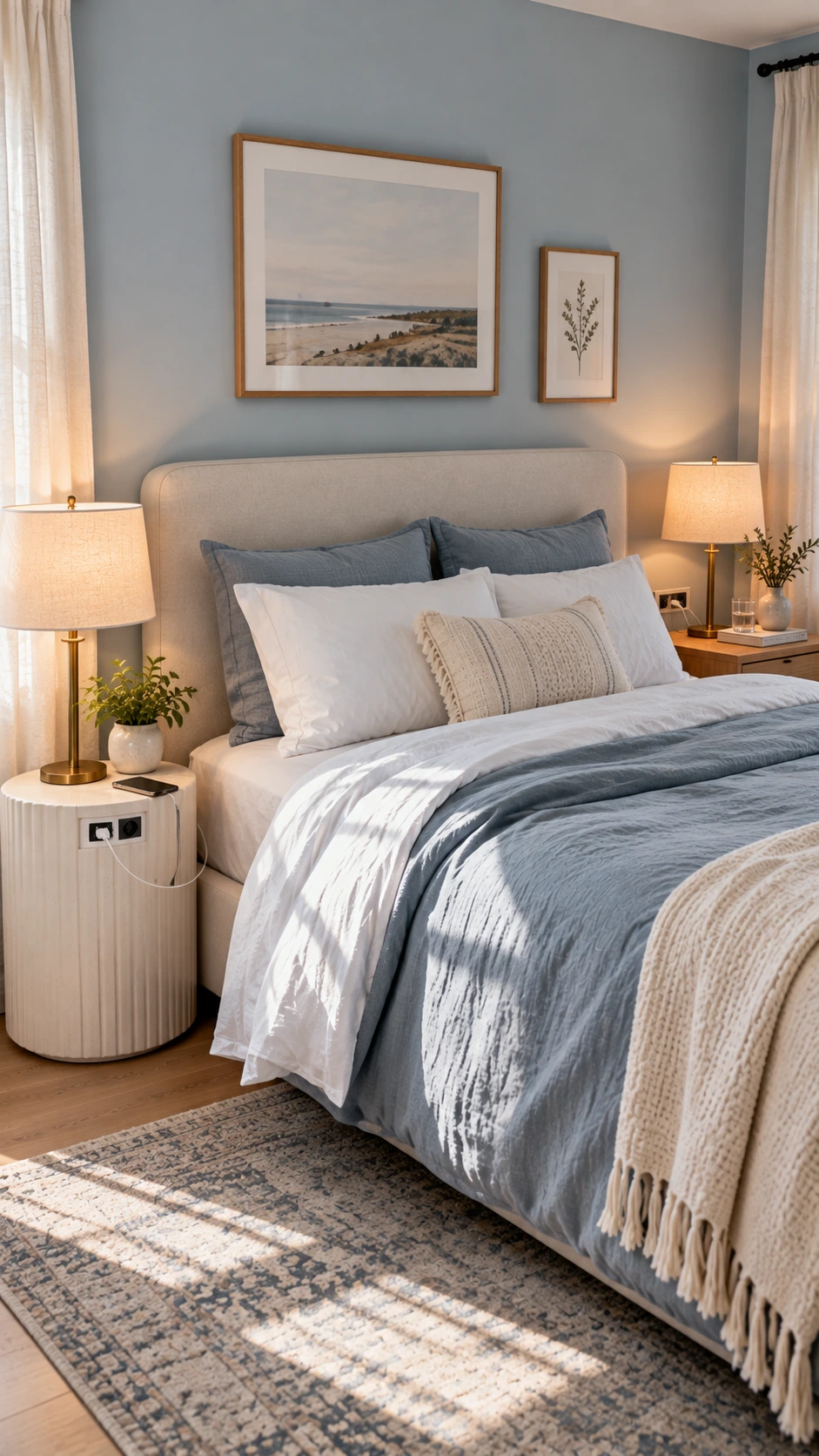 Dusty blue linen bed flanked by a rounded white ceramic nightstand with built-in USB and power outlets — a practical Airbnb decor upgrade guests love
