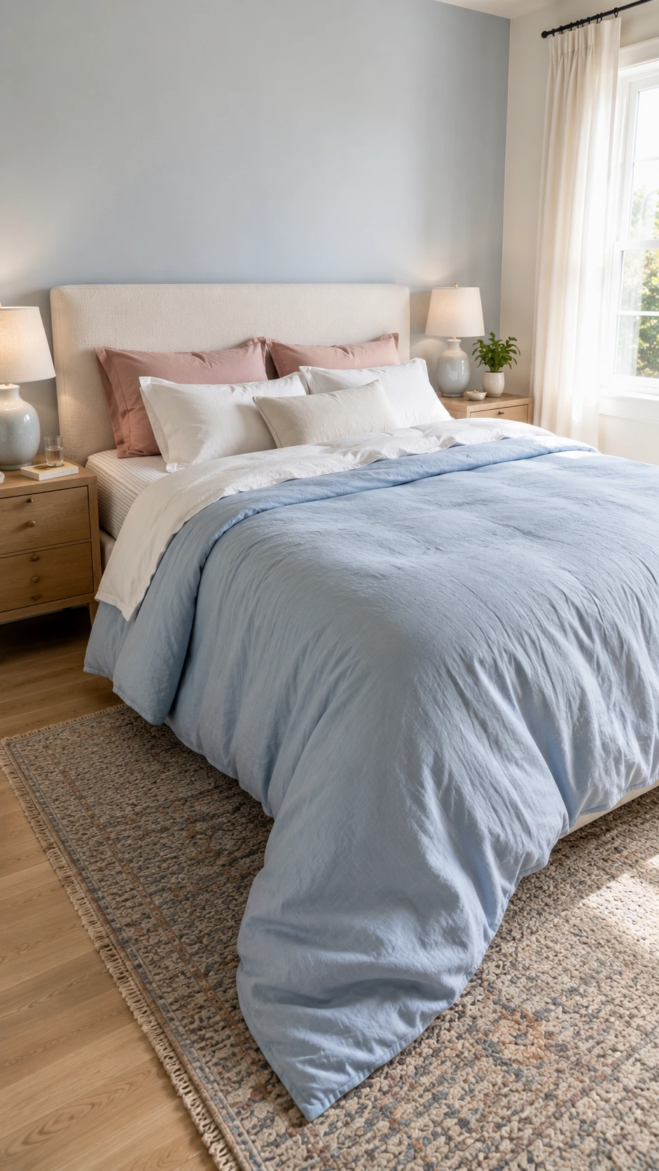 Queen bed with oversized powder-blue comforter draping low on both sides, a Dreamy Bedroom Ideas trick for a fuller look