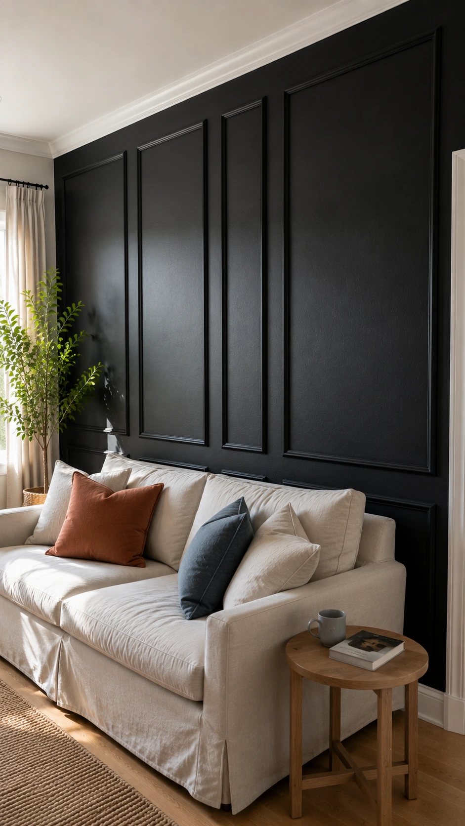 Satin black accent wall with picture-frame trim behind an oatmeal linen sofa, showing raised molding in daylight