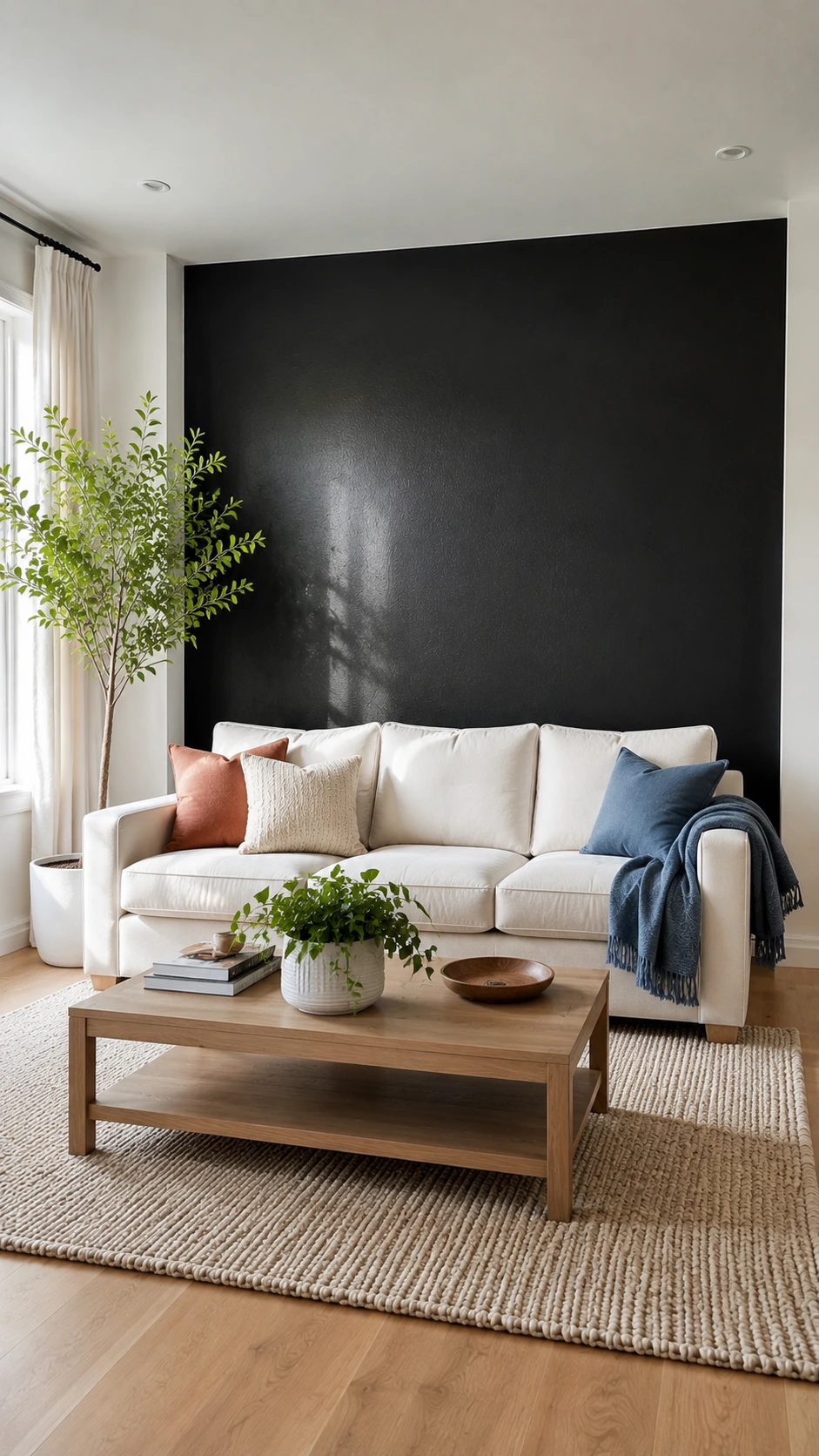 Black accent wall behind an off-white linen sofa contrasts with clean white side walls and ceiling in a bright living room