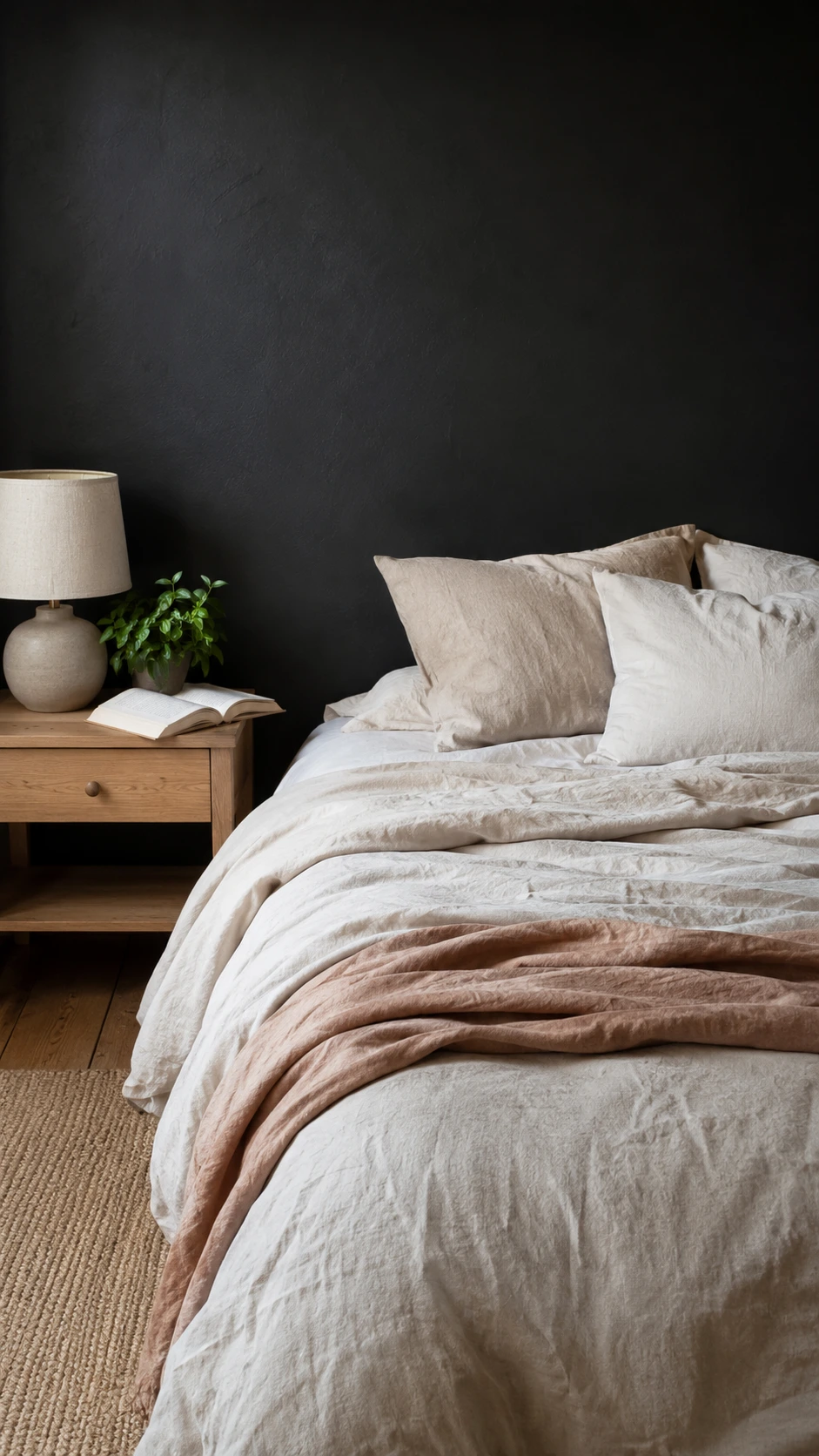 Black Accent Walls soften a bedroom with an inky painted wall behind rumpled flax linen bedding in oatmeal tones
