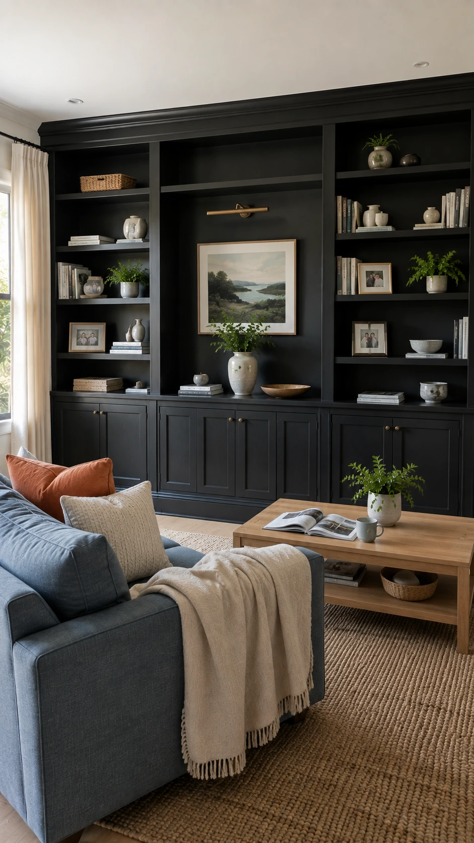 Bright living room with a satin black built-in wall of cabinets, shelves, and display niche, highlighting Black Accent Walls.
