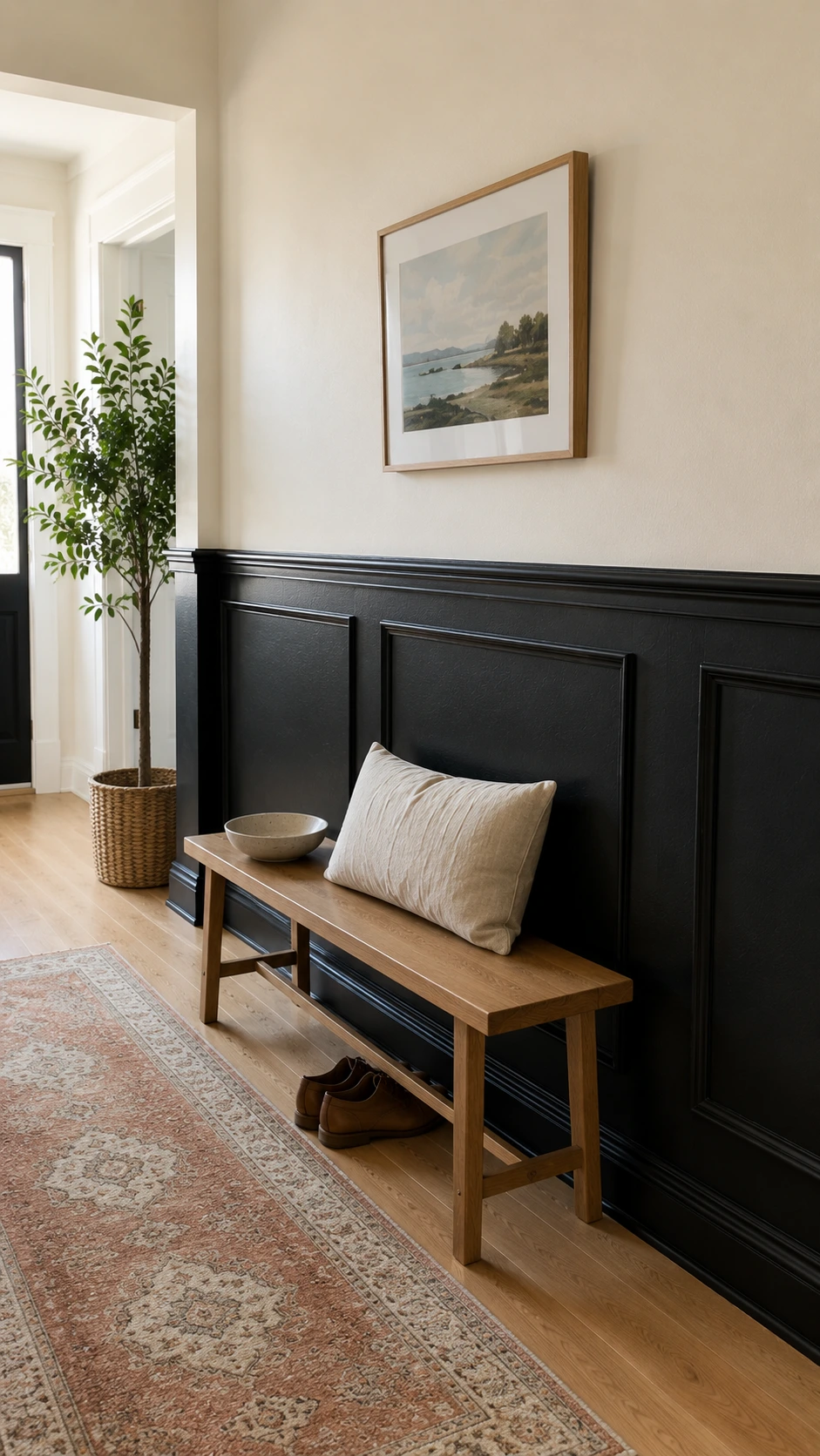 Bright entry hallway showing Black Accent Walls as a satin black wainscoted half wall beneath warm off-white drywall